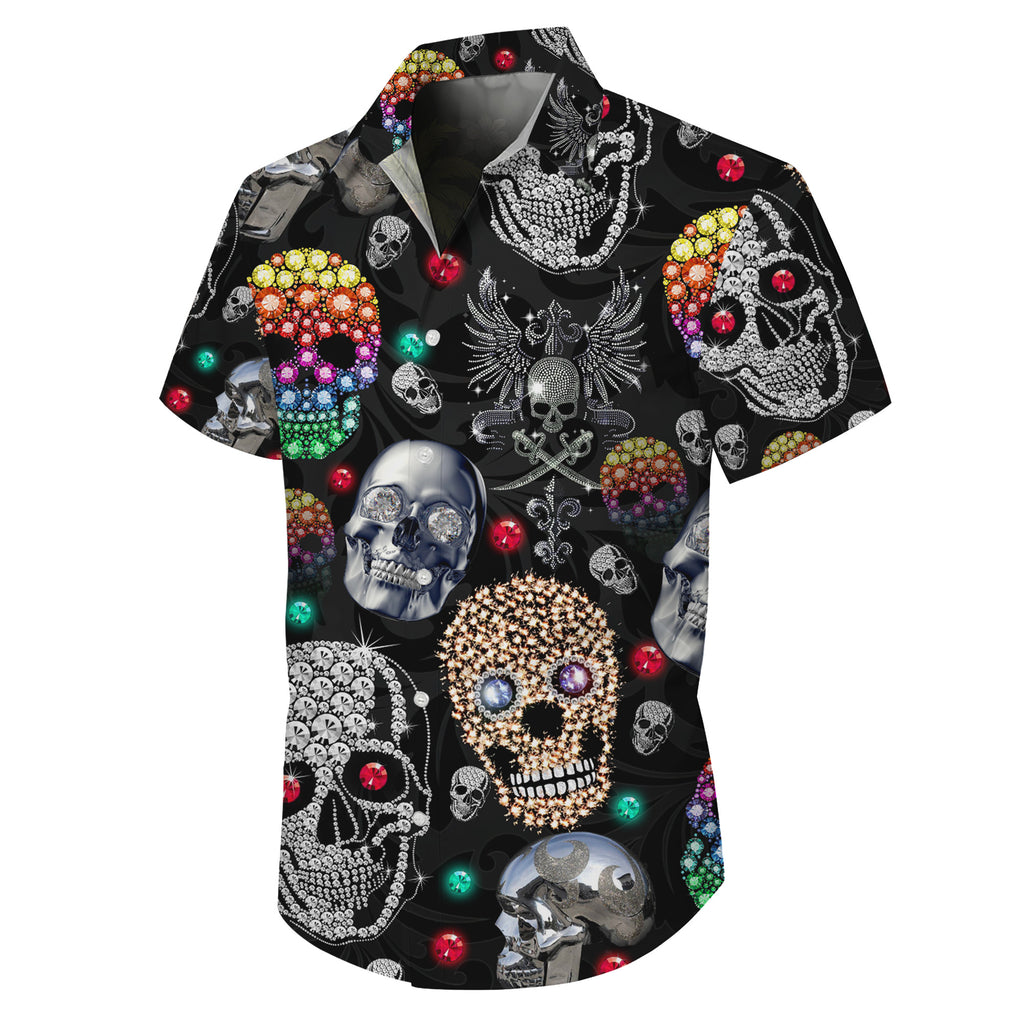 Skull Hawaiian Shirt, Aloha Button Up Shirt for Men & Women, Tropical Short Sleeve Beach Vacation Summer Casual Shirt 001