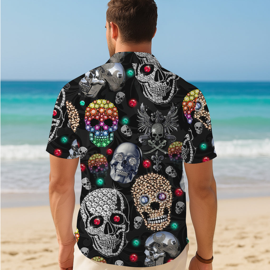 Skull Hawaiian Shirt, Aloha Button Up Shirt for Men & Women, Tropical Short Sleeve Beach Vacation Summer Casual Shirt 001