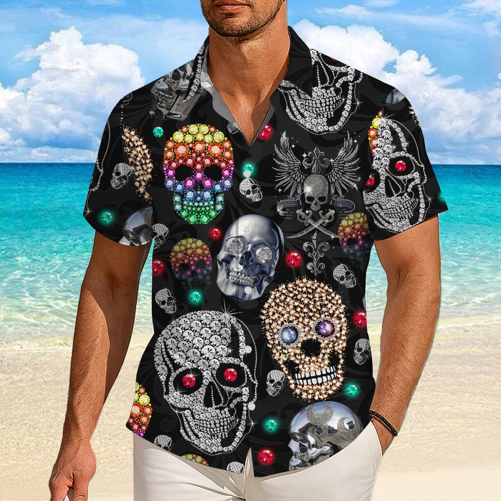 Skull Hawaiian Shirt, Aloha Button Up Shirt for Men & Women, Tropical Short Sleeve Beach Vacation Summer Casual Shirt 001
