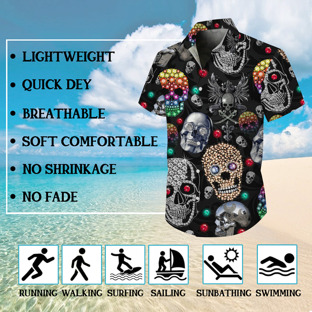 Skull Hawaiian Shirt, Aloha Button Up Shirt for Men & Women, Tropical Short Sleeve Beach Vacation Summer Casual Shirt 001