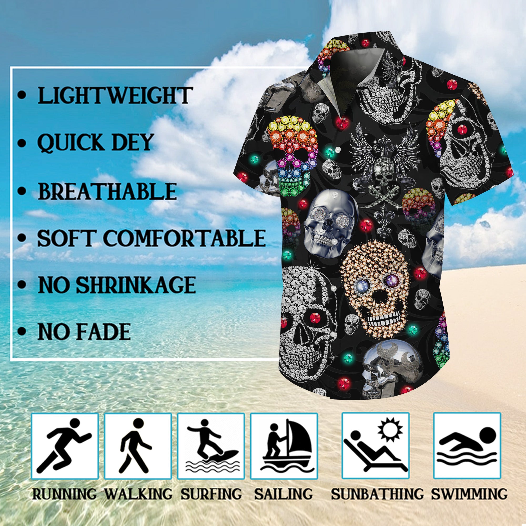 Skull Hawaiian Shirt, Aloha Button Up Shirt for Men & Women, Tropical Short Sleeve Beach Vacation Summer Casual Shirt 001