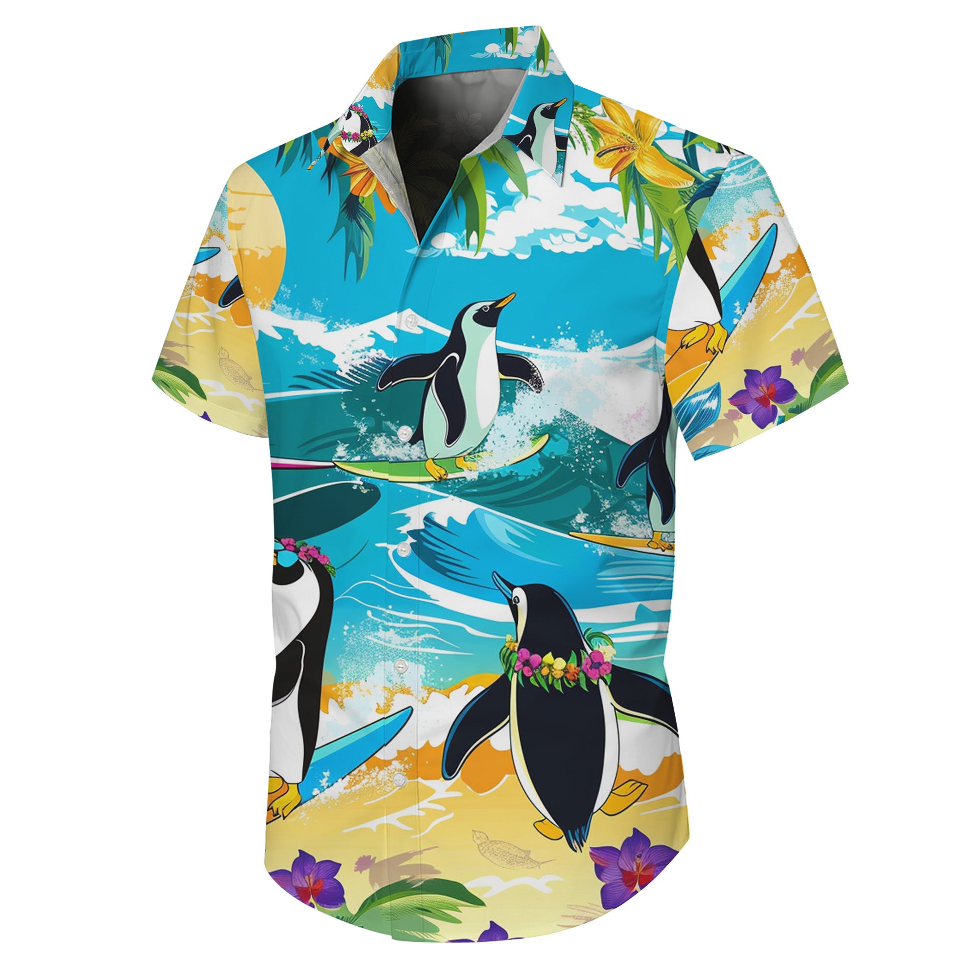 Penguin Hawaiian Shirt, Aloha Button Up Shirt for Men & Women, Tropical Short Sleeve Beach Vacation Summer Casual Shirt - 002