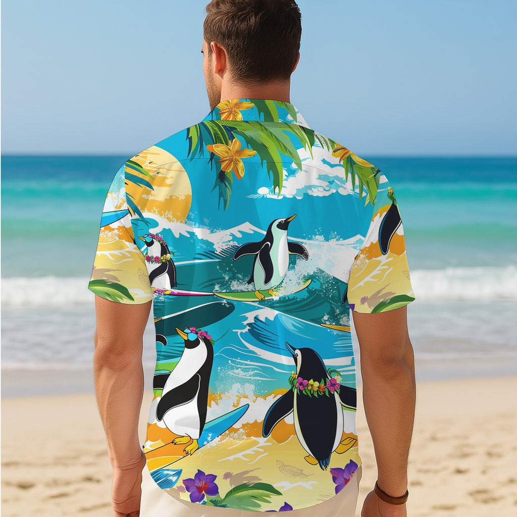 Penguin Hawaiian Shirt, Aloha Button Up Shirt for Men & Women, Tropical Short Sleeve Beach Vacation Summer Casual Shirt - 002