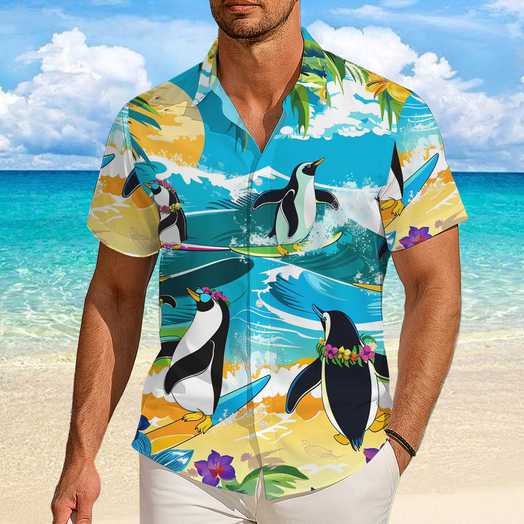 Penguin Hawaiian Shirt, Aloha Button Up Shirt for Men & Women, Tropical Short Sleeve Beach Vacation Summer Casual Shirt - 002