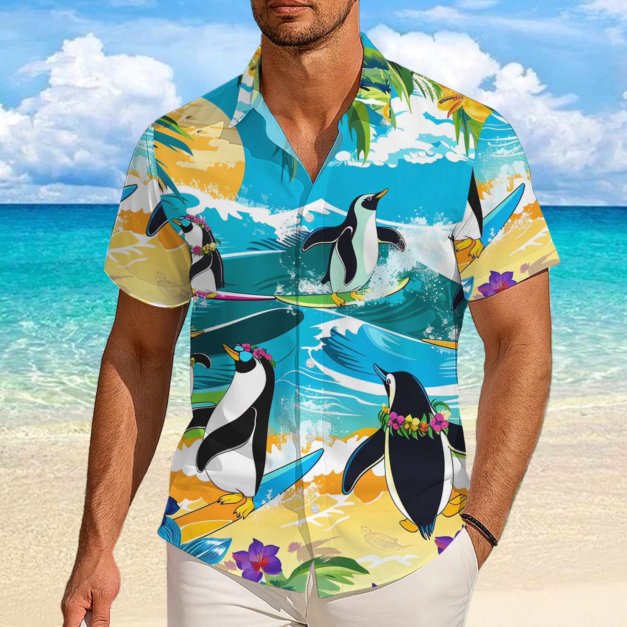 Penguin Hawaiian Shirt, Aloha Button Up Shirt for Men & Women, Tropical Short Sleeve Beach Vacation Summer Casual Shirt - 002