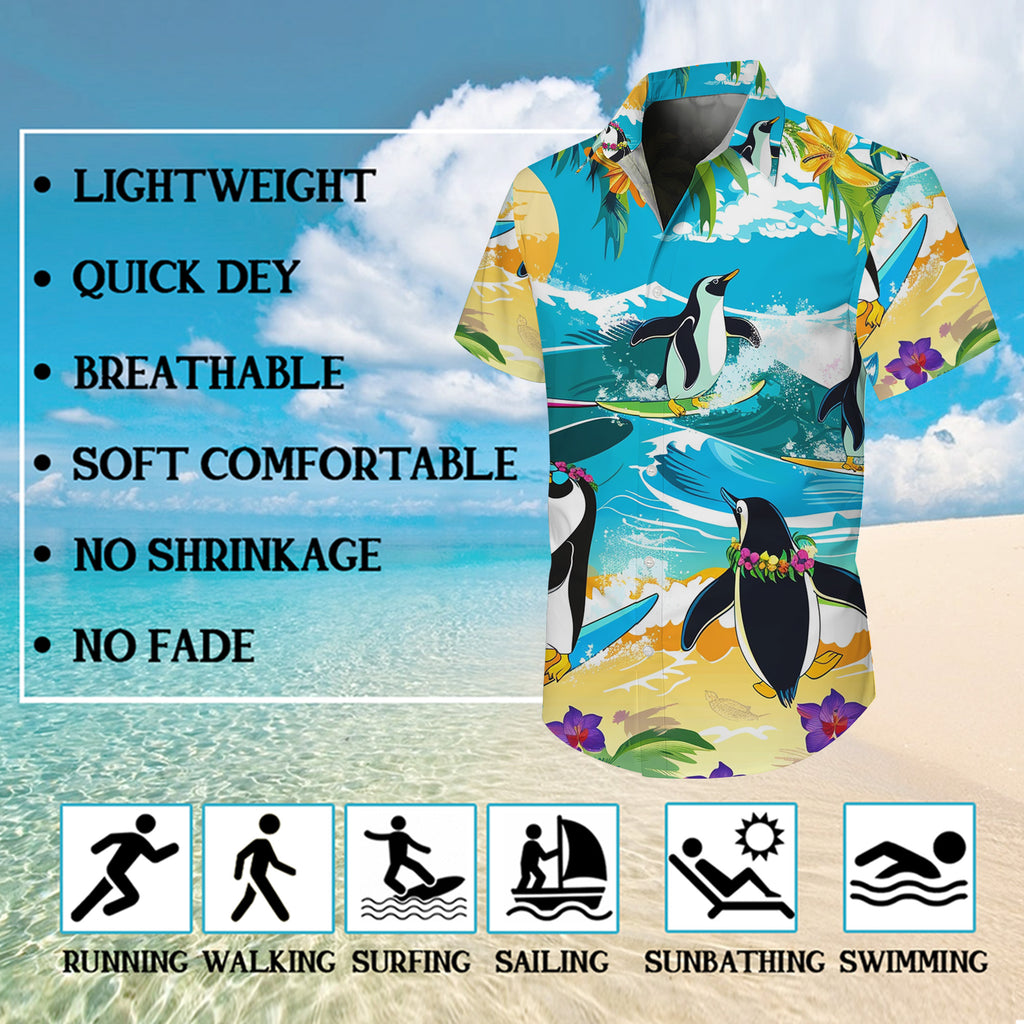 Penguin Hawaiian Shirt, Aloha Button Up Shirt for Men & Women, Tropical Short Sleeve Beach Vacation Summer Casual Shirt - 002