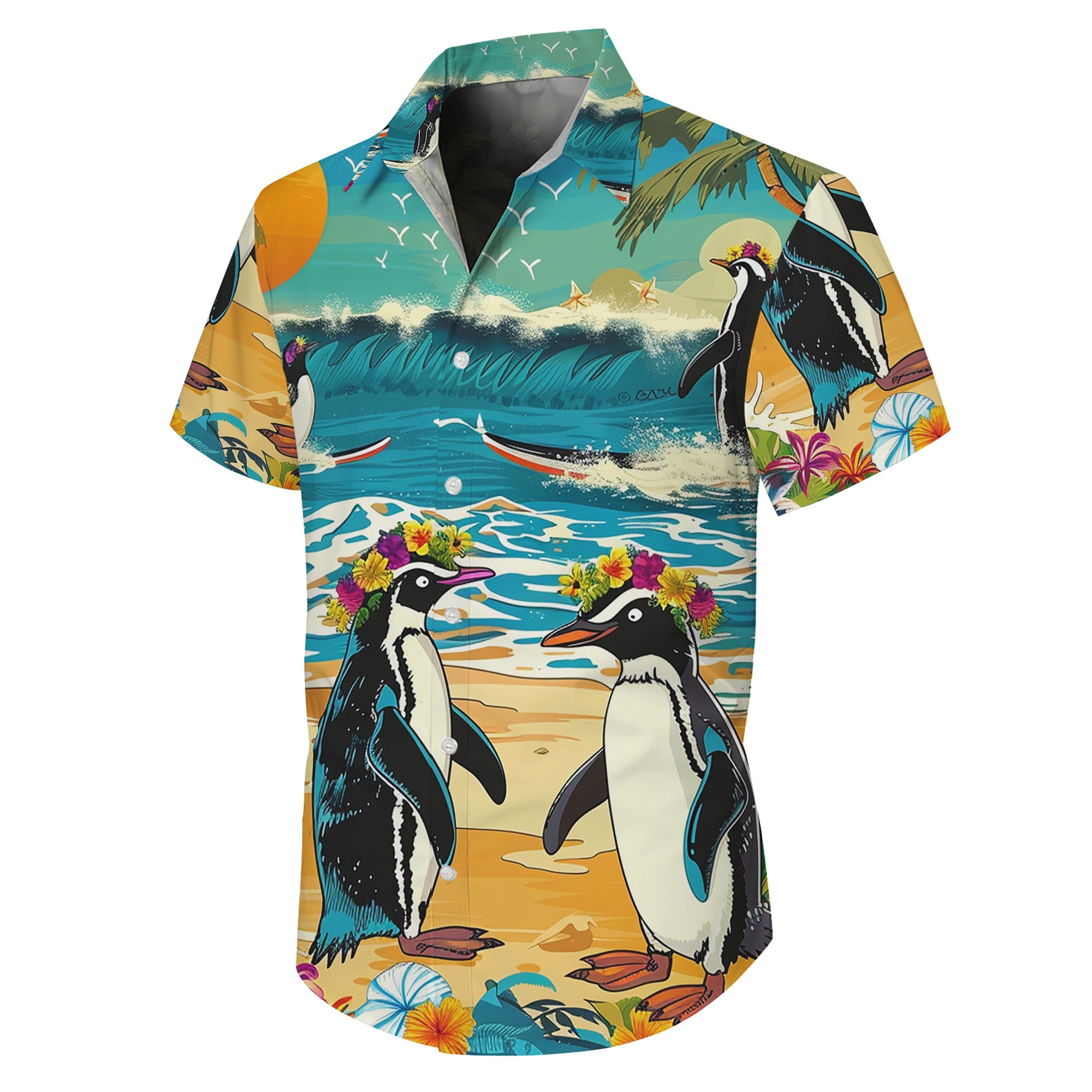 Penguin Hawaiian Shirt, Aloha Button Up Shirt for Men & Women, Tropical Short Sleeve Beach Vacation Summer Casual Shirt - 003