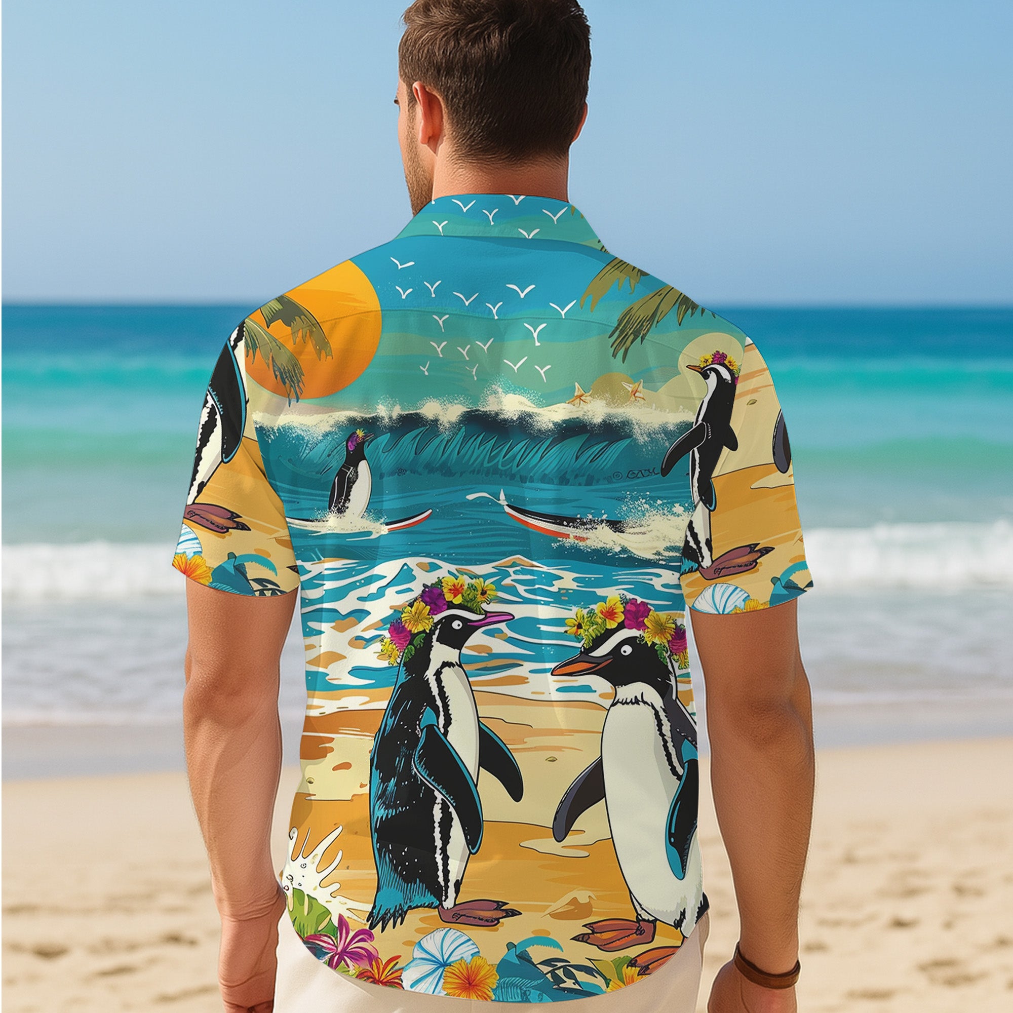 Penguin Hawaiian Shirt, Aloha Button Up Shirt for Men & Women, Tropical Short Sleeve Beach Vacation Summer Casual Shirt - 003