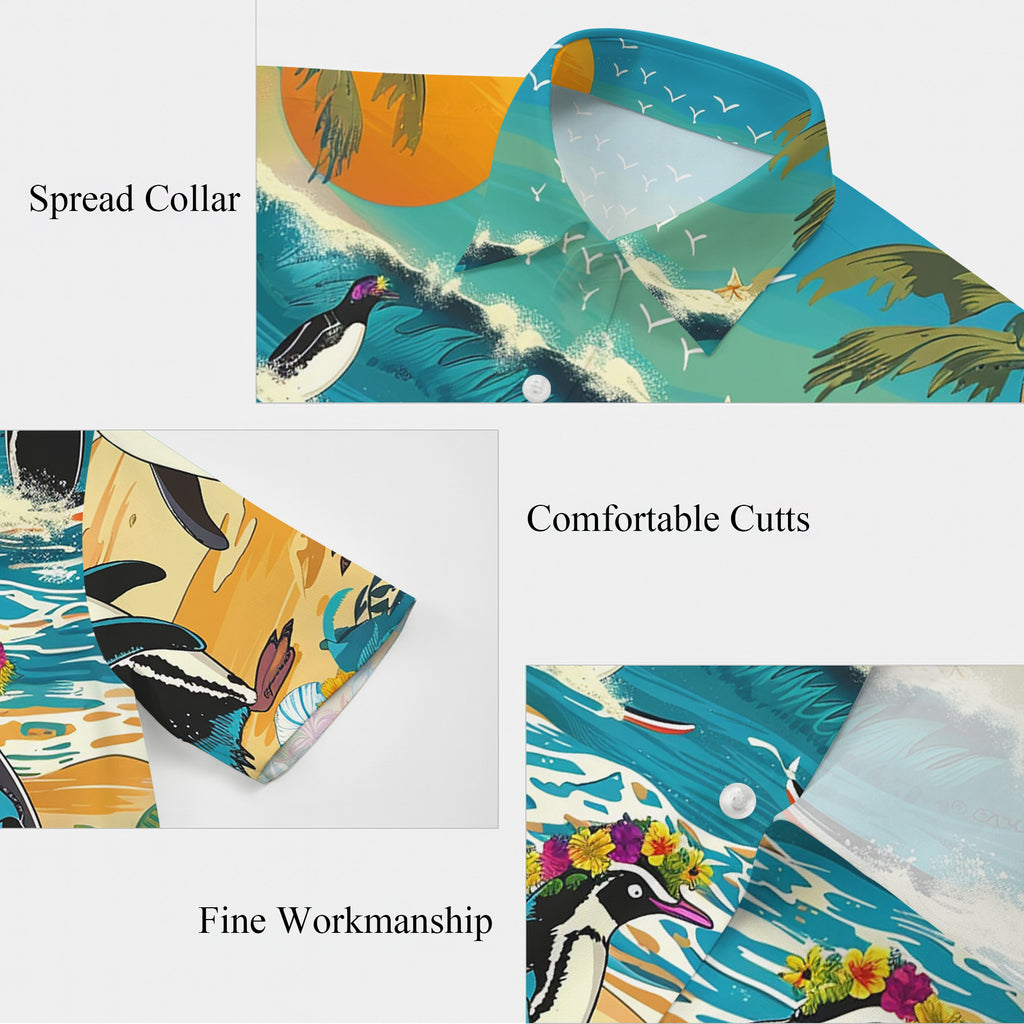 Penguin Hawaiian Shirt, Aloha Button Up Shirt for Men & Women, Tropical Short Sleeve Beach Vacation Summer Casual Shirt - 003