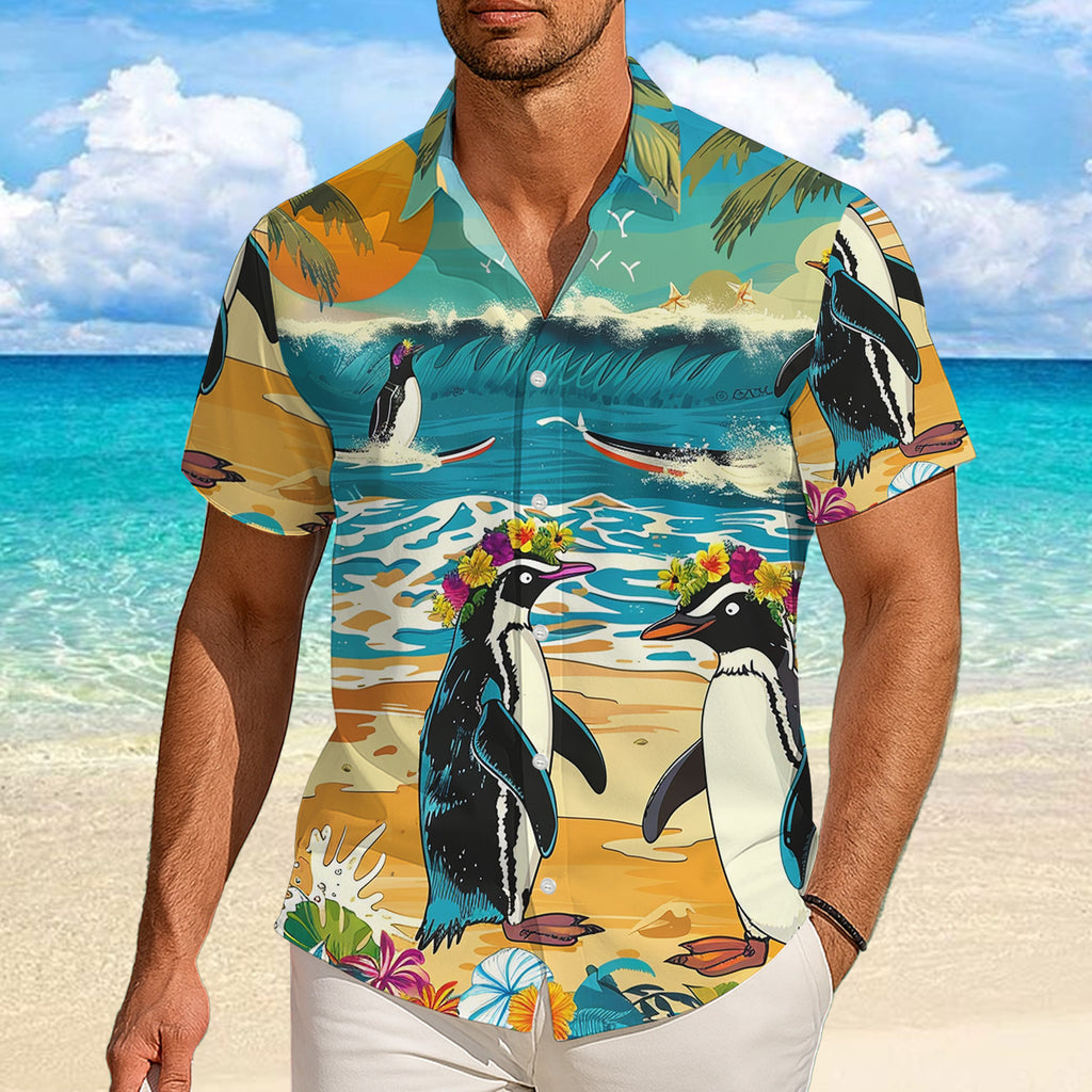 Penguin Hawaiian Shirt, Aloha Button Up Shirt for Men & Women, Tropical Short Sleeve Beach Vacation Summer Casual Shirt - 003