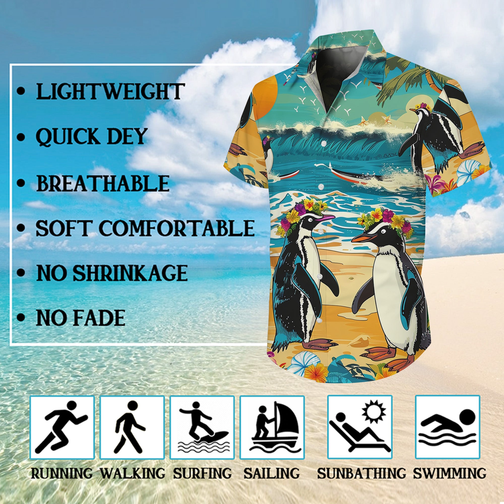 Penguin Hawaiian Shirt, Aloha Button Up Shirt for Men & Women, Tropical Short Sleeve Beach Vacation Summer Casual Shirt - 003