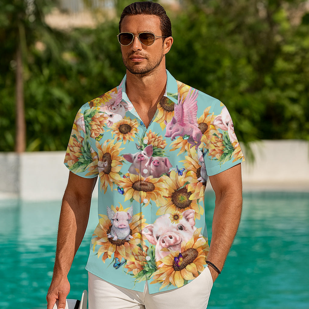 Pig Hawaiian Shirt for Men, Pig Button Up Shirt for Men, Tropical Short Sleeve Beach Vacation Summer Casual Shirt - 0013
