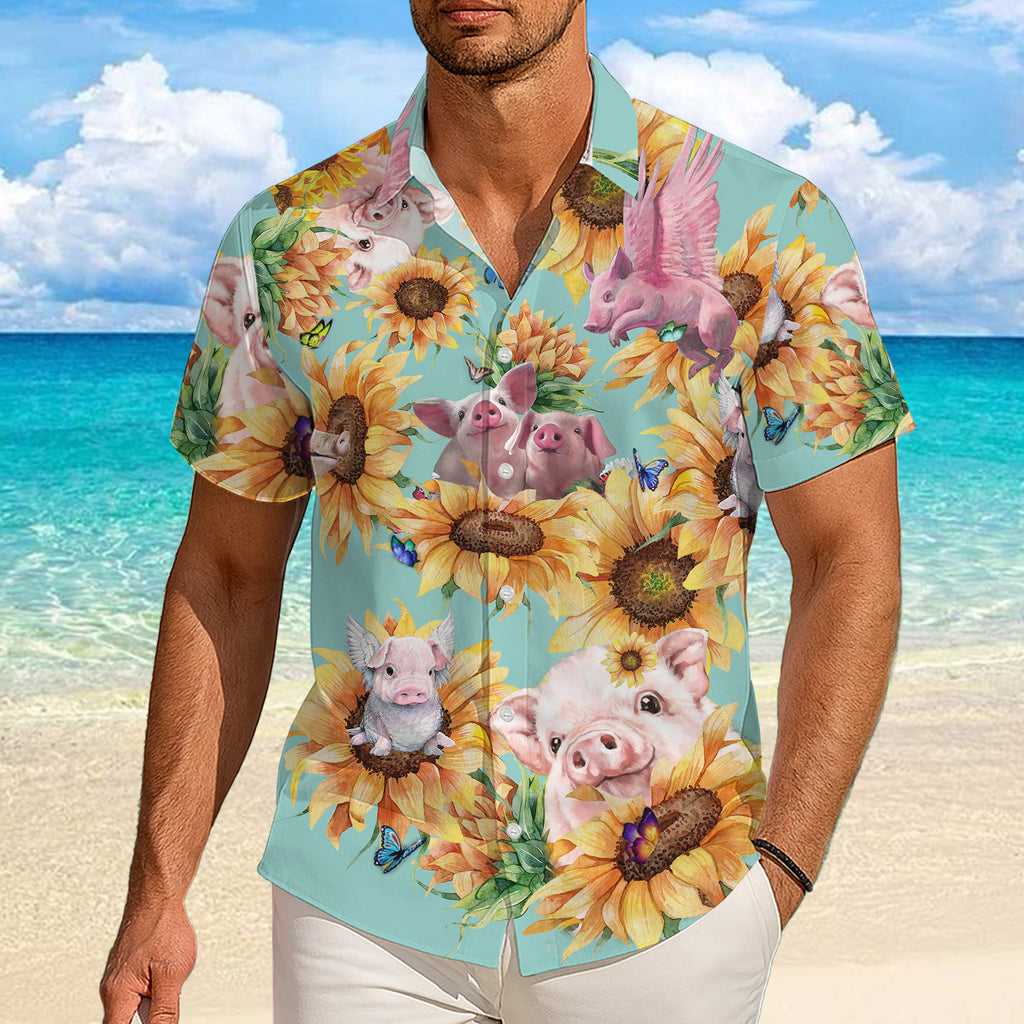Pig Hawaiian Shirt for Men, Pig Button Up Shirt for Men, Tropical Short Sleeve Beach Vacation Summer Casual Shirt - 0013