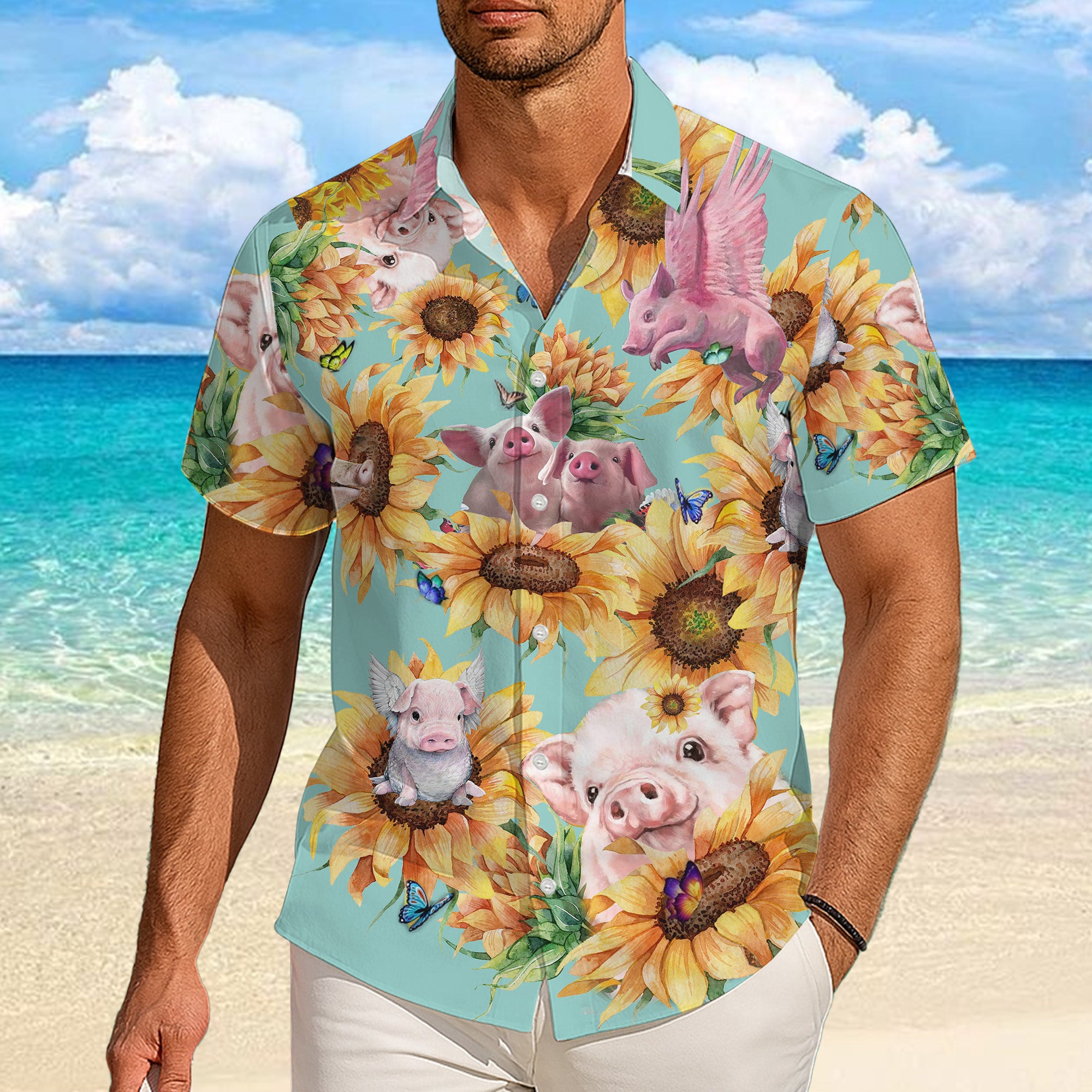 Pig Hawaiian Shirt for Men, Pig Button Up Shirt for Men, Tropical Short Sleeve Beach Vacation Summer Casual Shirt - 0013