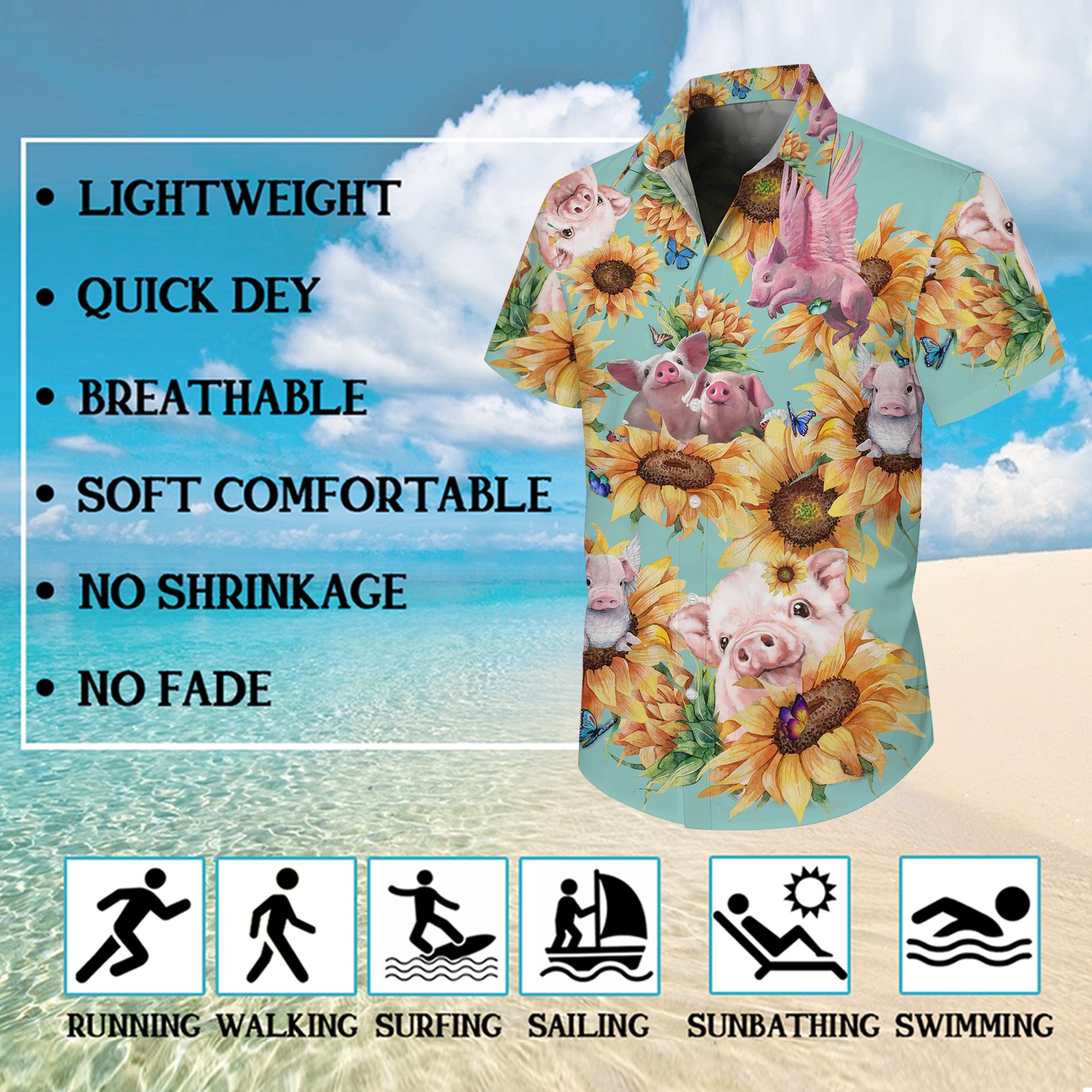 Pig Hawaiian Shirt for Men, Pig Button Up Shirt for Men, Tropical Short Sleeve Beach Vacation Summer Casual Shirt - 0013