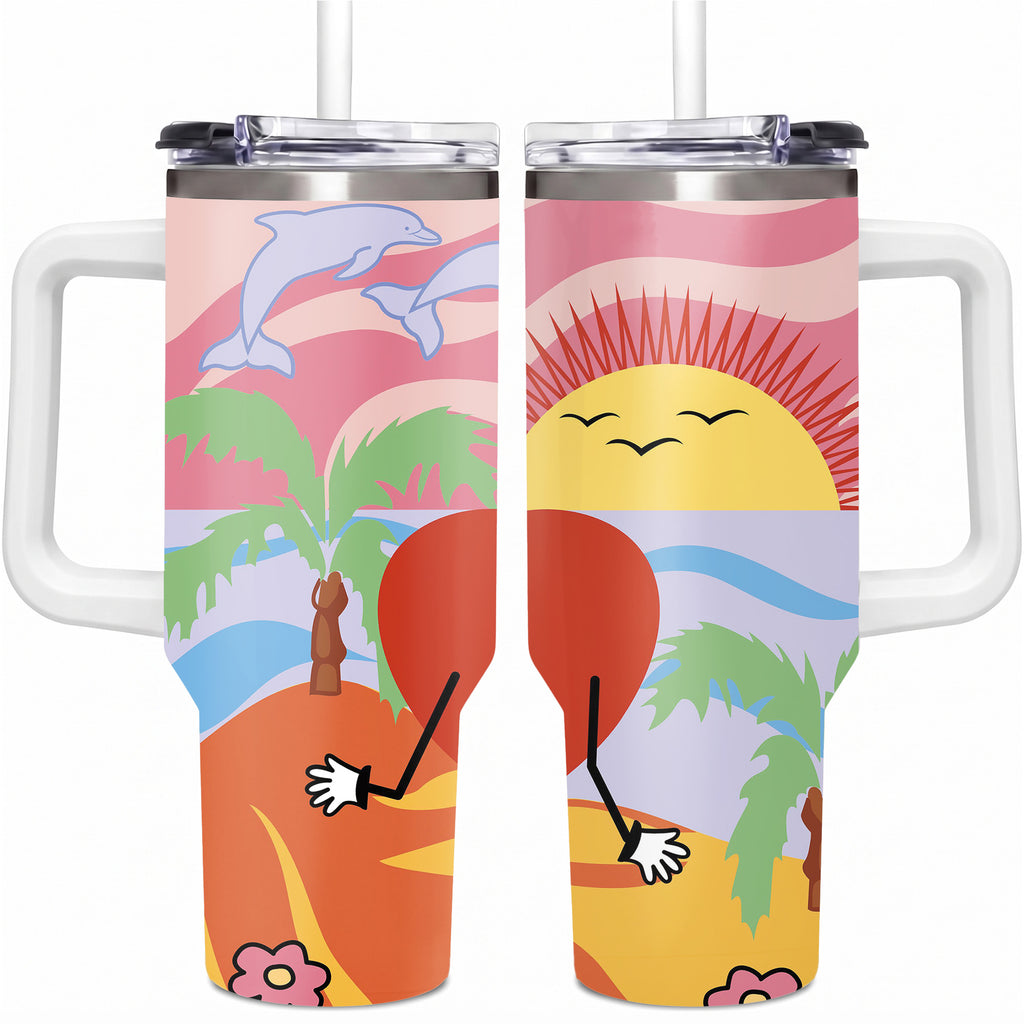 Retro Summer Beach Sunset Tumbler with Handle, Sad Heart Palm Tree Dolphin Aesthetic Insulated Cup with Straw