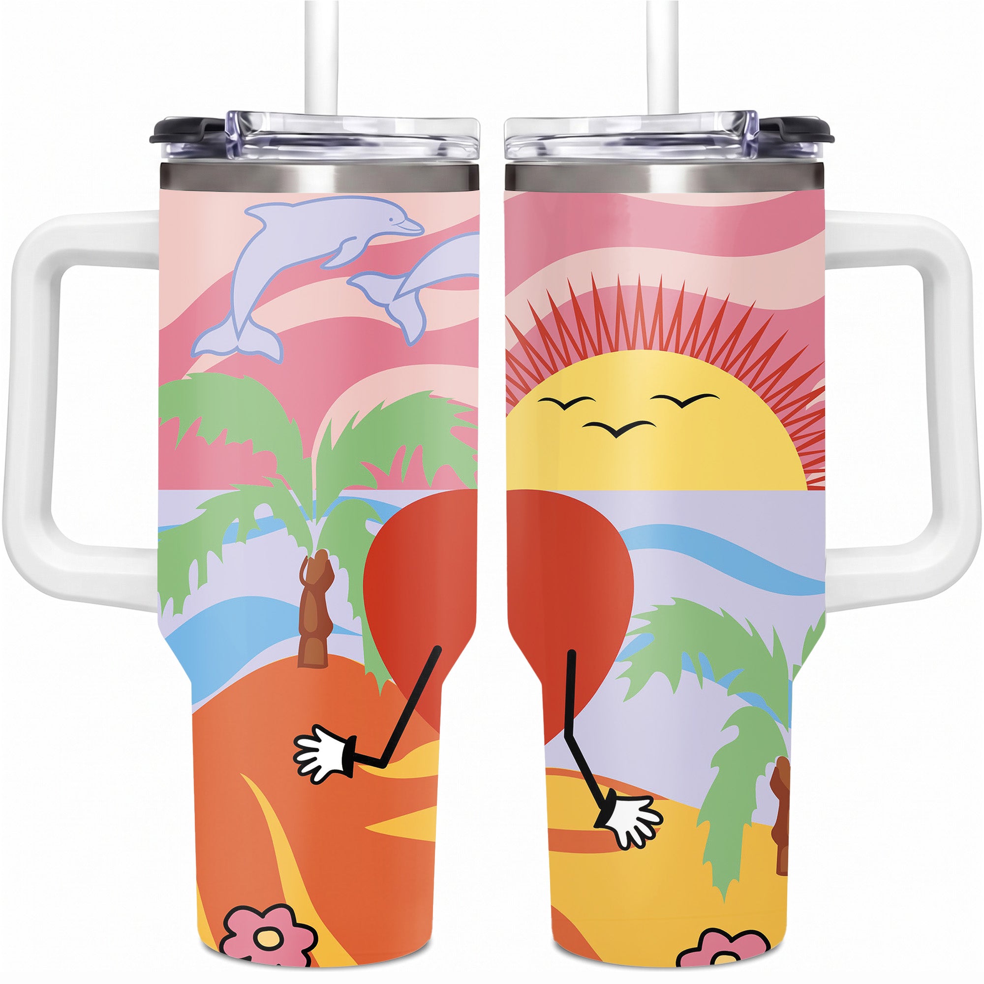 Retro Summer Beach Sunset Tumbler with Handle, Sad Heart Palm Tree Dolphin Aesthetic Insulated Cup with Straw