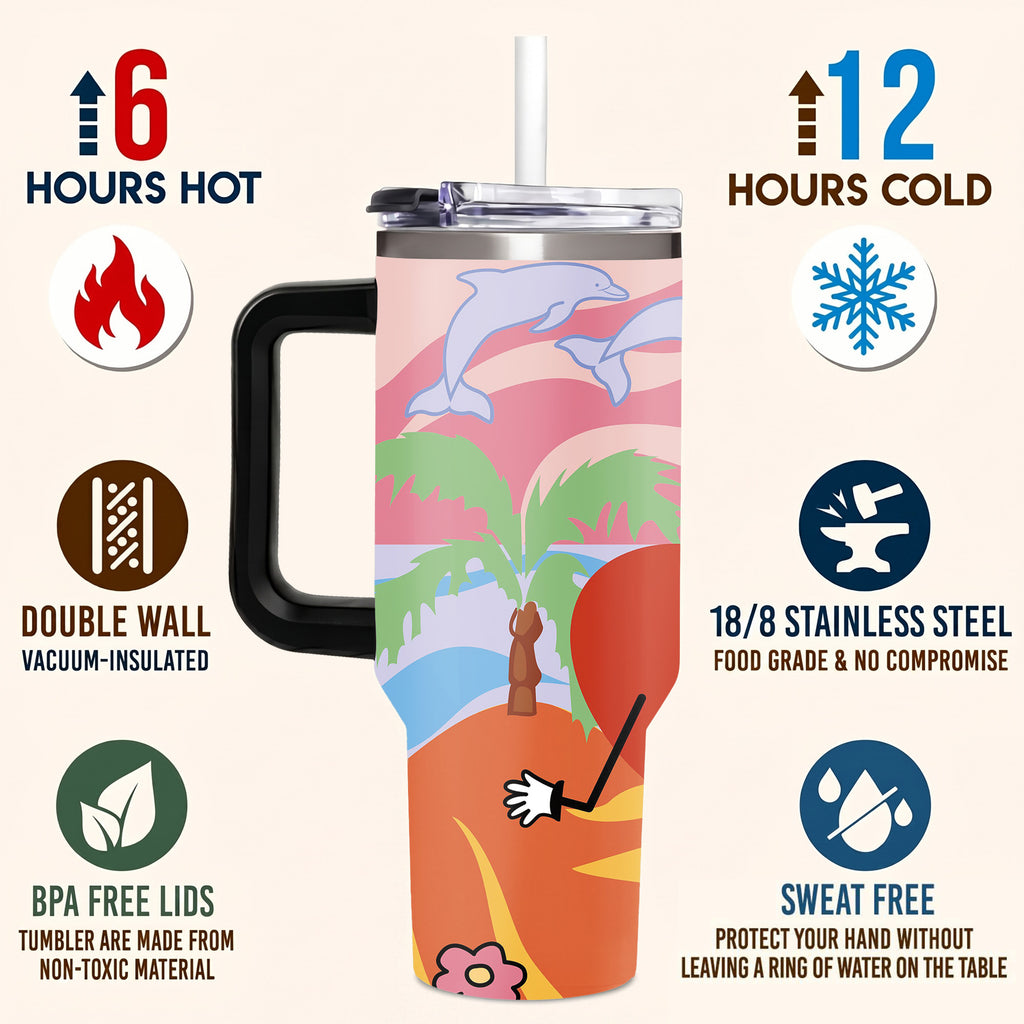 Retro Summer Beach Sunset Tumbler with Handle, Sad Heart Palm Tree Dolphin Aesthetic Insulated Cup with Straw