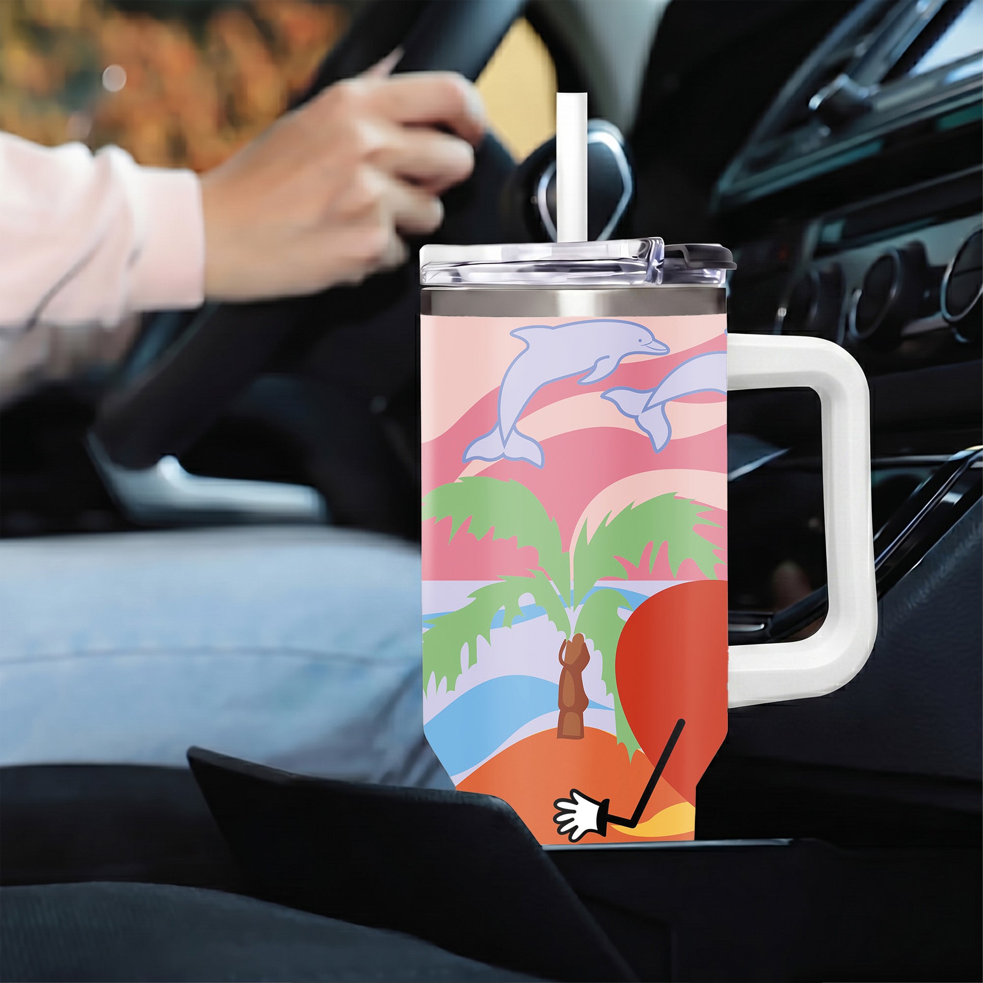 Retro Summer Beach Sunset Tumbler with Handle, Sad Heart Palm Tree Dolphin Aesthetic Insulated Cup with Straw