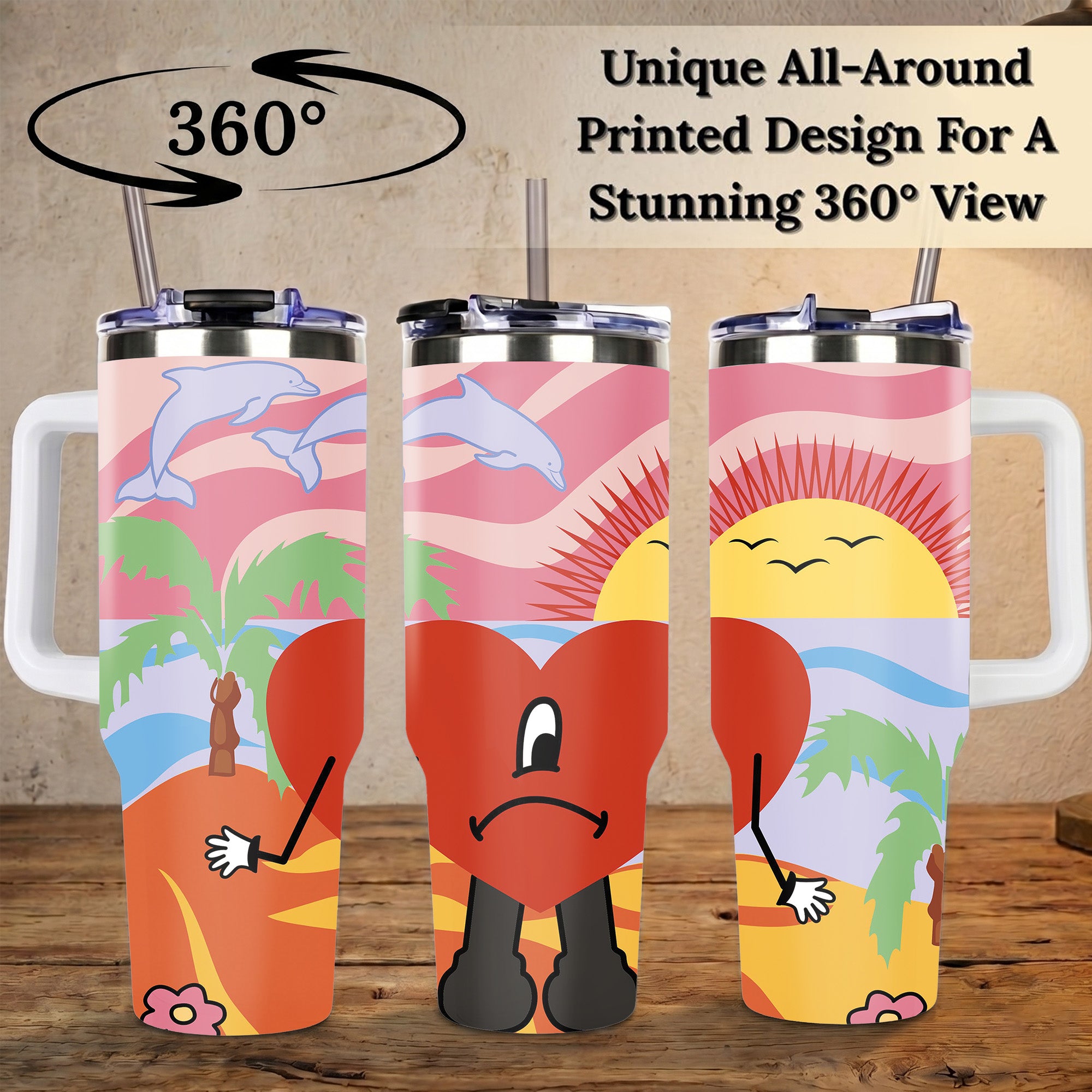 Retro Summer Beach Sunset Tumbler with Handle, Sad Heart Palm Tree Dolphin Aesthetic Insulated Cup with Straw
