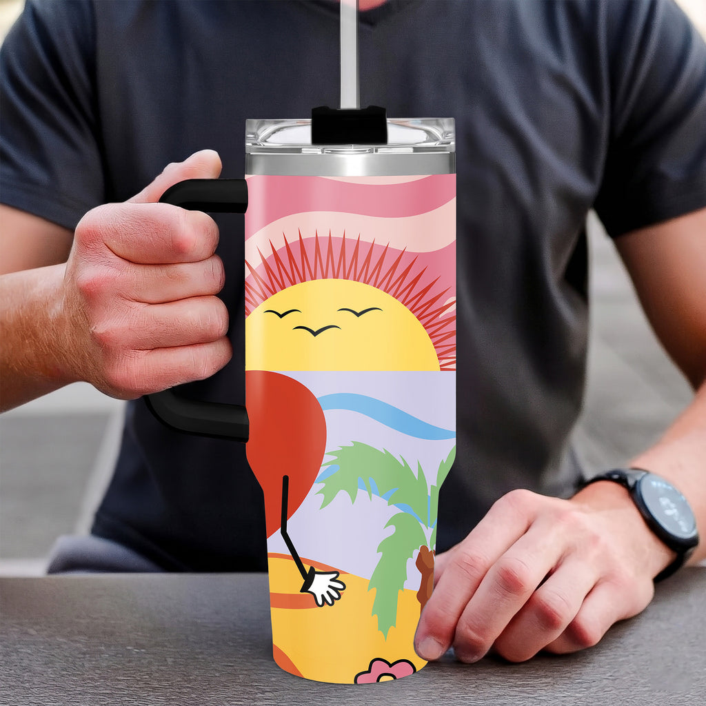 Retro Summer Beach Sunset Tumbler with Handle, Sad Heart Palm Tree Dolphin Aesthetic Insulated Cup with Straw