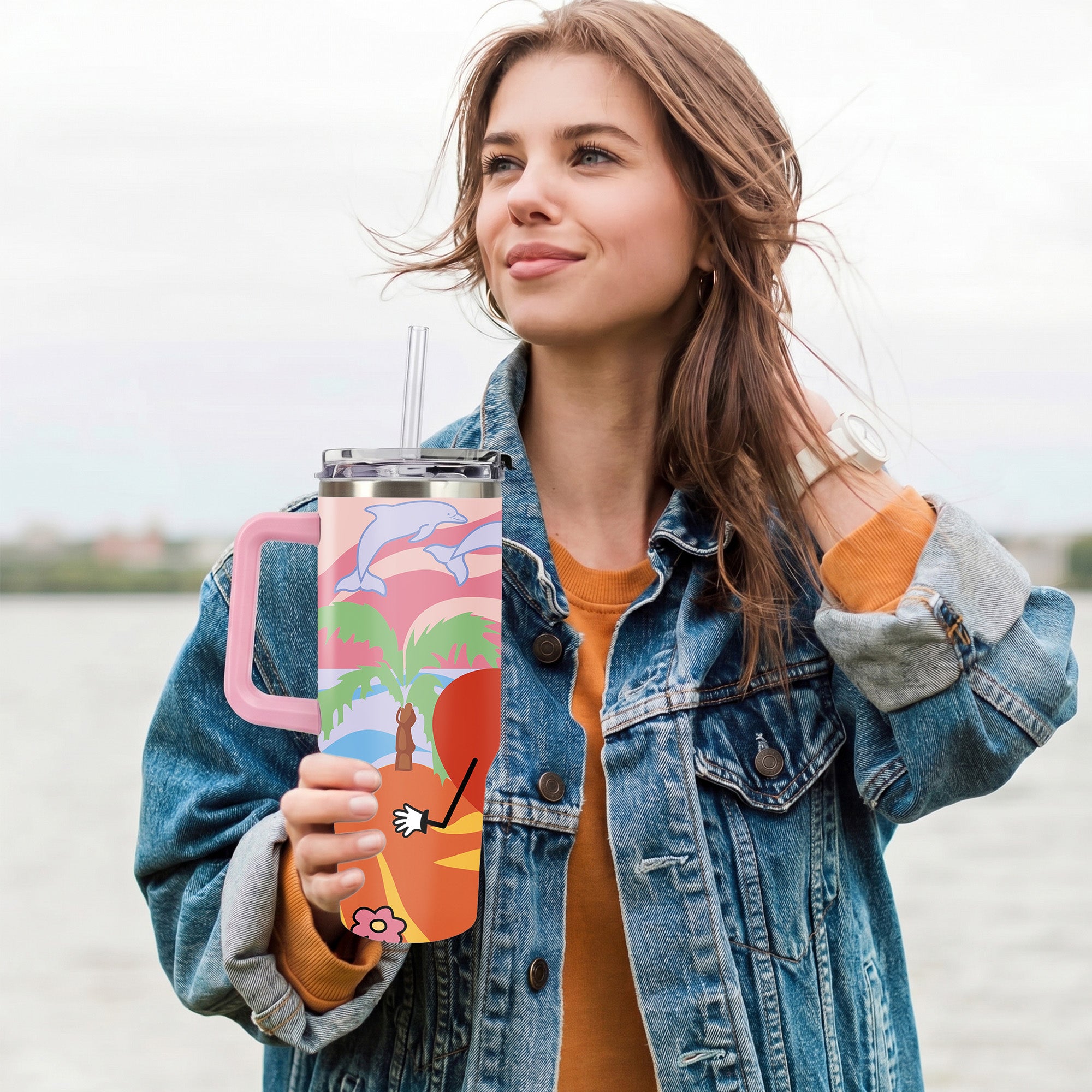 Retro Summer Beach Sunset Tumbler with Handle, Sad Heart Palm Tree Dolphin Aesthetic Insulated Cup with Straw