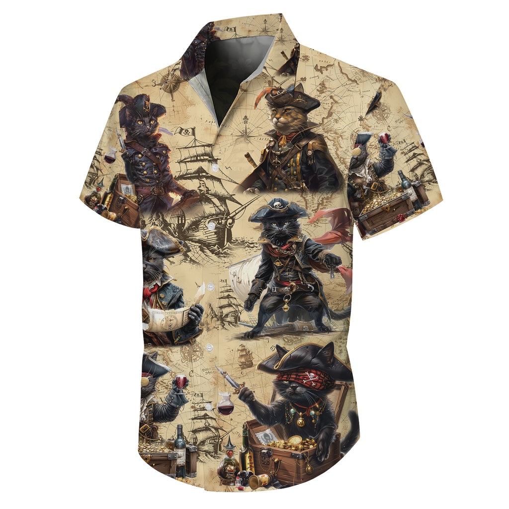 Pirates Hawaiian Shirt, Pirates of the Caribbean Button Up Shirt for Men, Cat Tropical Short Sleeve Beach Vacation Summer Casual Shirt - 006