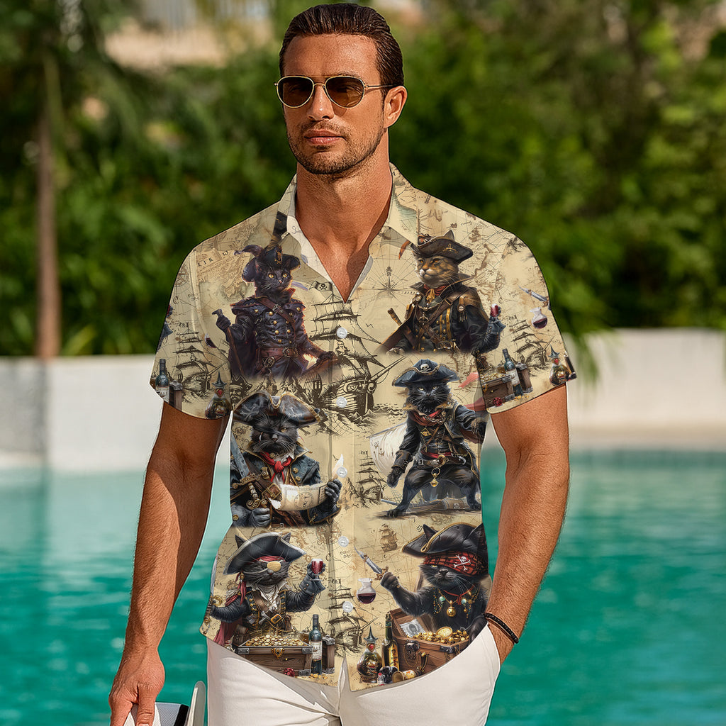 Pirates Hawaiian Shirt, Pirates of the Caribbean Button Up Shirt for Men, Cat Tropical Short Sleeve Beach Vacation Summer Casual Shirt - 006