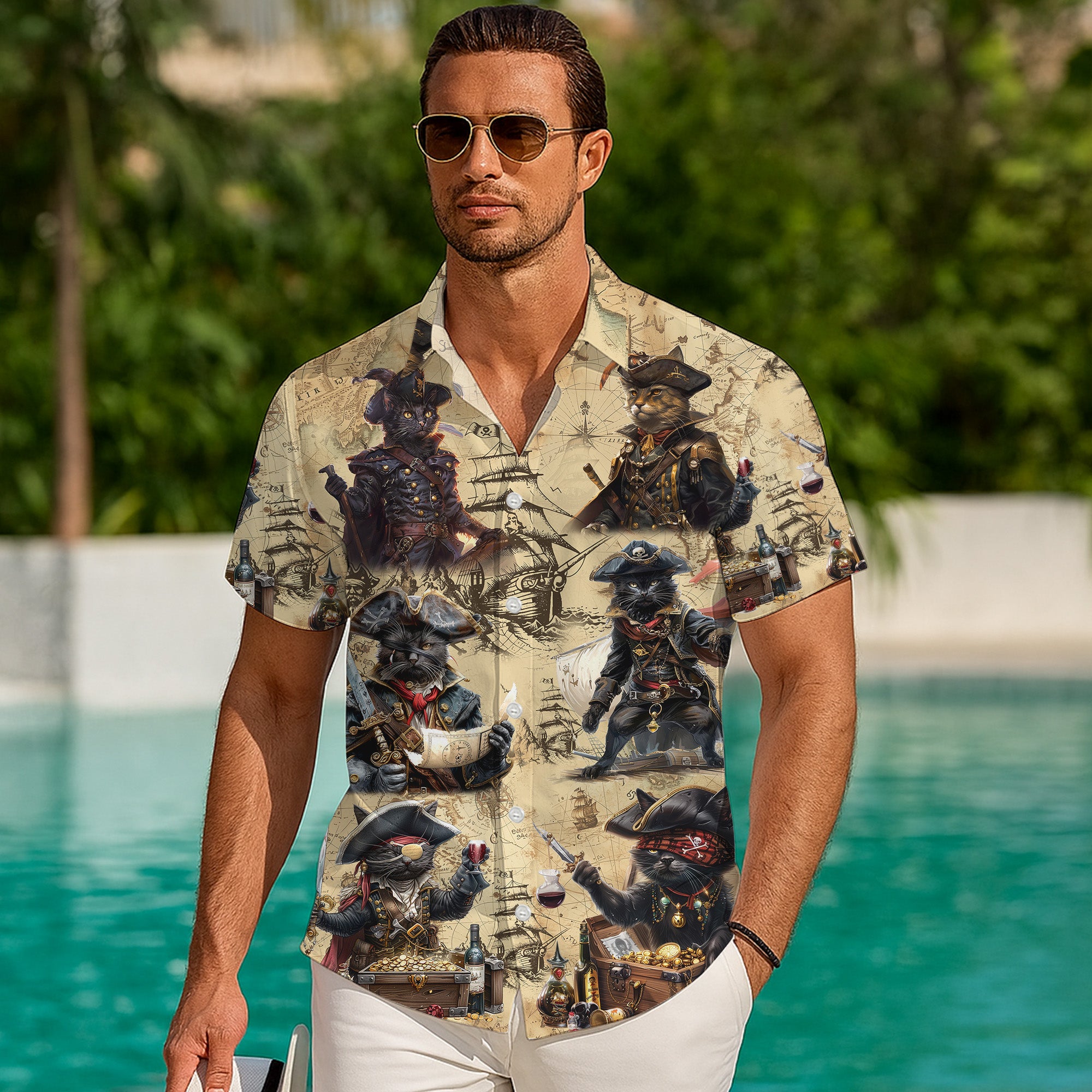 Pirates Hawaiian Shirt, Pirates of the Caribbean Button Up Shirt for Men, Cat Tropical Short Sleeve Beach Vacation Summer Casual Shirt - 006