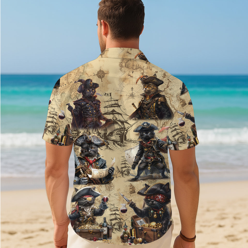Pirates Hawaiian Shirt, Pirates of the Caribbean Button Up Shirt for Men, Cat Tropical Short Sleeve Beach Vacation Summer Casual Shirt - 006