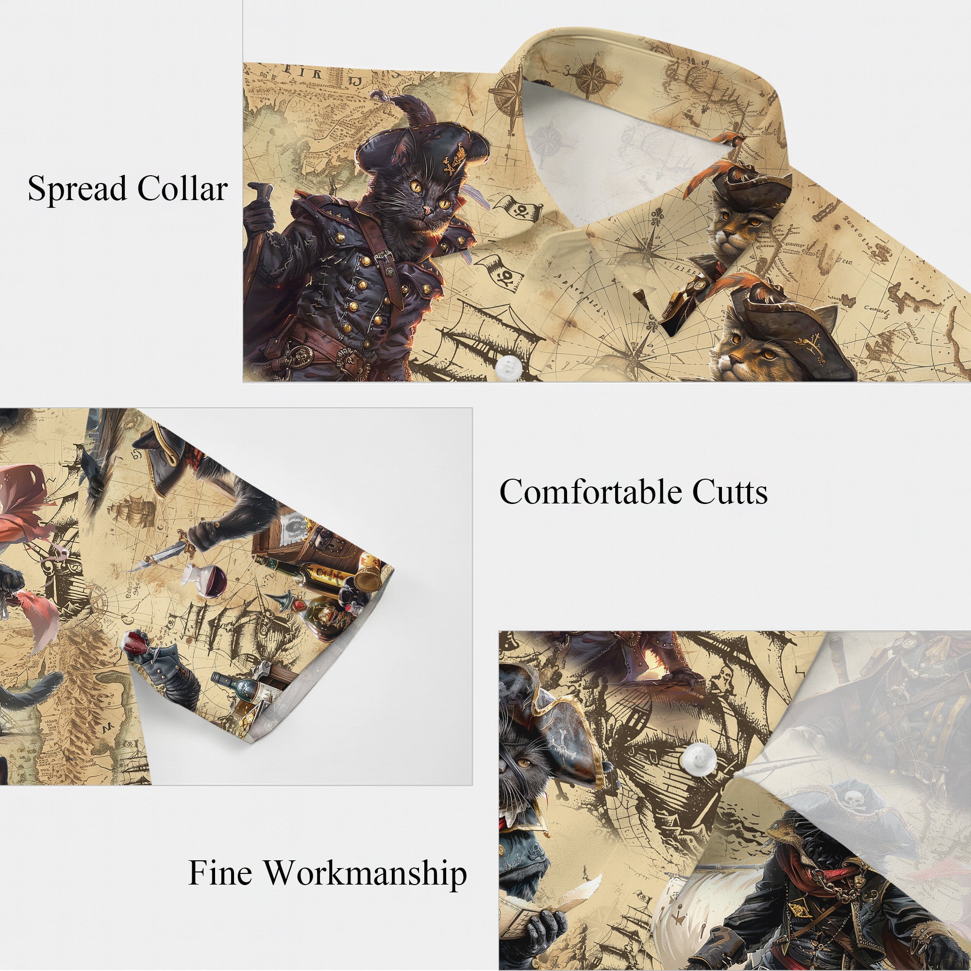 Pirates Hawaiian Shirt, Pirates of the Caribbean Button Up Shirt for Men, Cat Tropical Short Sleeve Beach Vacation Summer Casual Shirt - 006