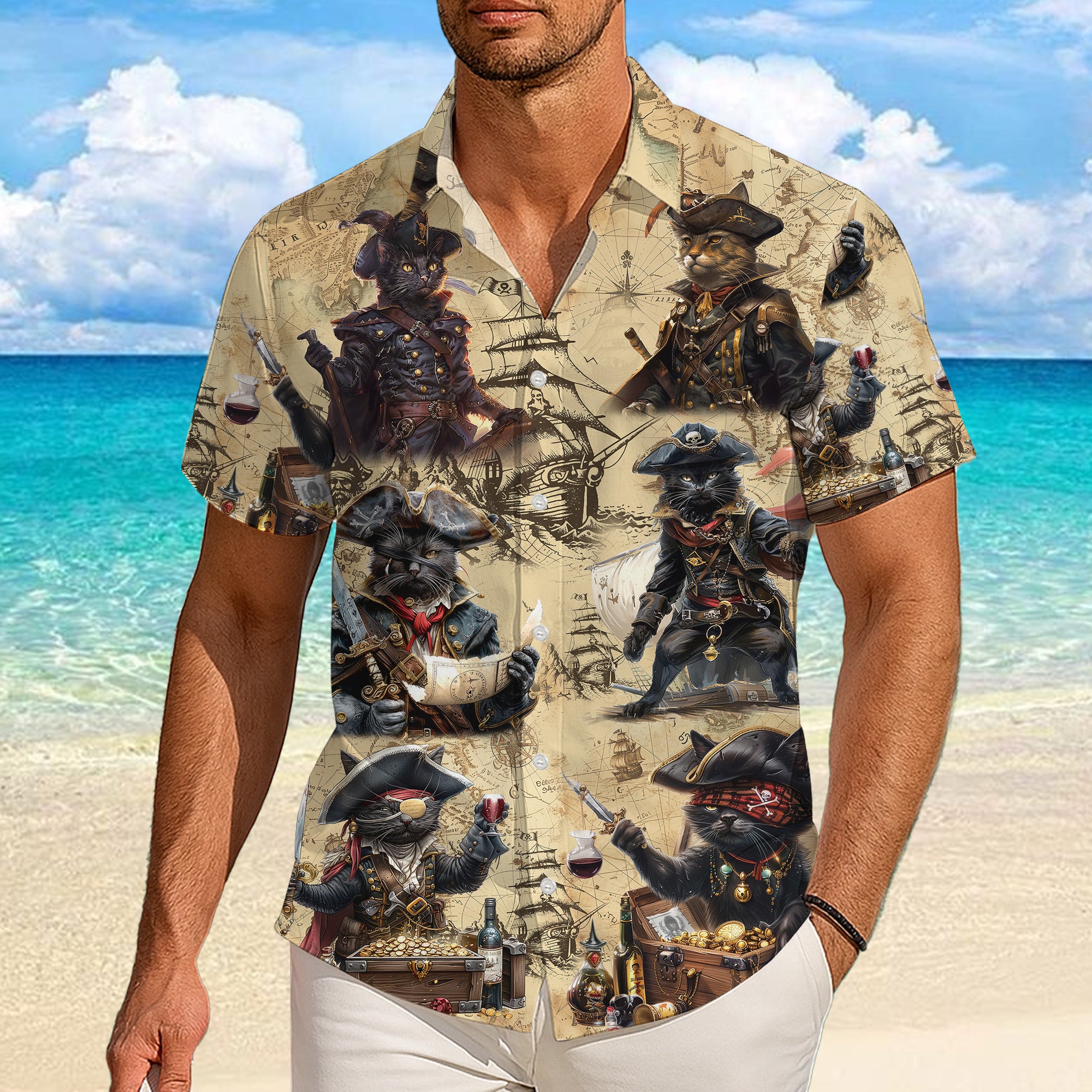 Pirates Hawaiian Shirt, Pirates of the Caribbean Button Up Shirt for Men, Cat Tropical Short Sleeve Beach Vacation Summer Casual Shirt - 006