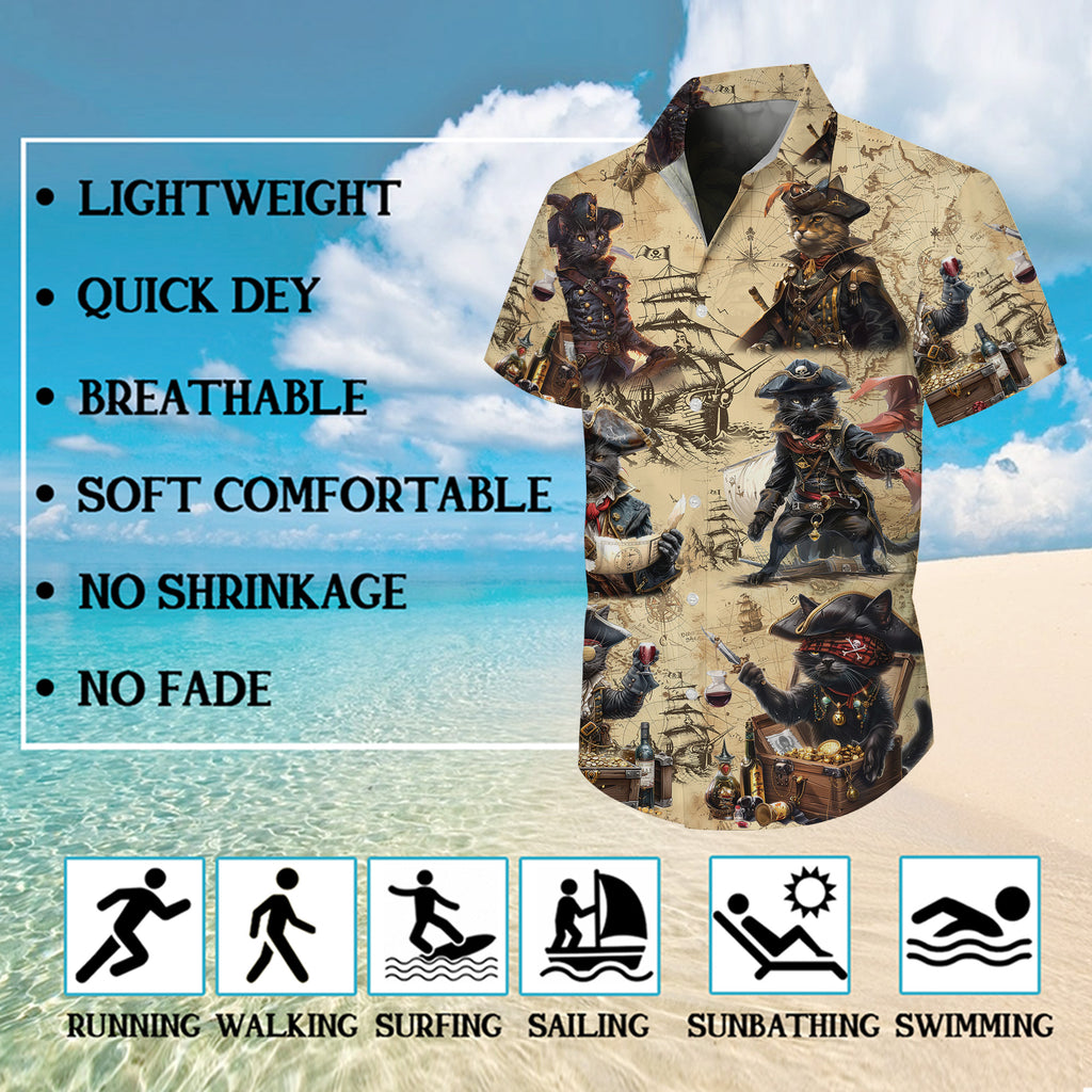 Pirates Hawaiian Shirt, Pirates of the Caribbean Button Up Shirt for Men, Cat Tropical Short Sleeve Beach Vacation Summer Casual Shirt - 006