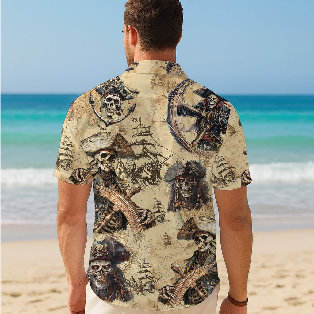 Pirates Hawaiian Shirt, Pirates of the Caribbean Button Up Shirt for Men, Tropical Short Sleeve Beach Vacation Summer Casual Shirt - 005