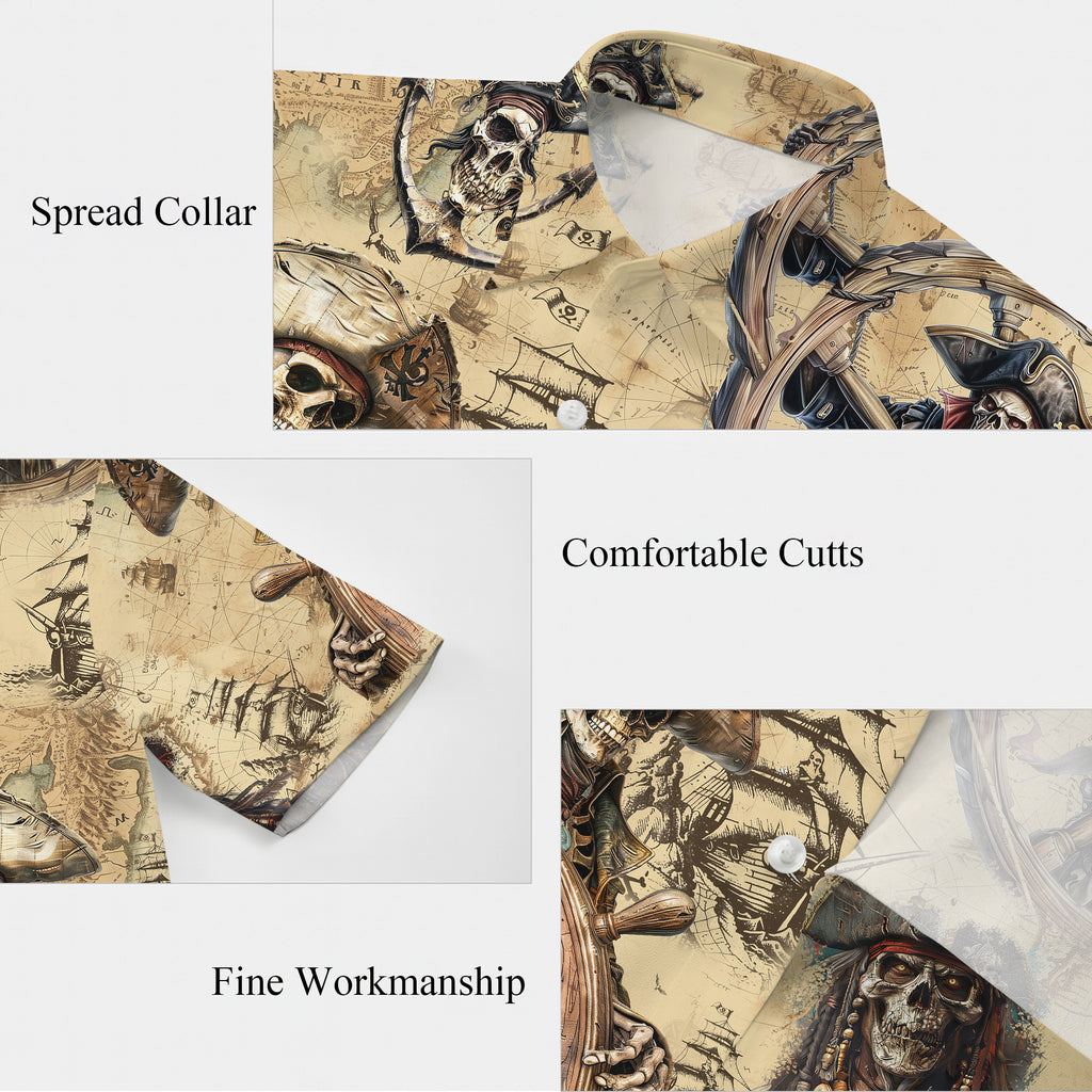 Pirates Hawaiian Shirt, Pirates of the Caribbean Button Up Shirt for Men, Tropical Short Sleeve Beach Vacation Summer Casual Shirt - 005