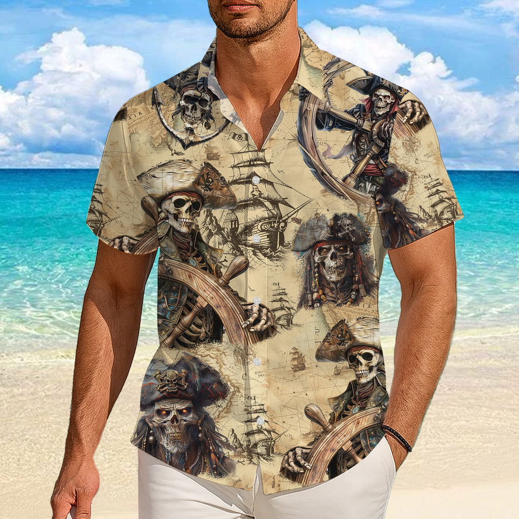 Pirates Hawaiian Shirt, Pirates of the Caribbean Button Up Shirt for Men, Tropical Short Sleeve Beach Vacation Summer Casual Shirt - 005