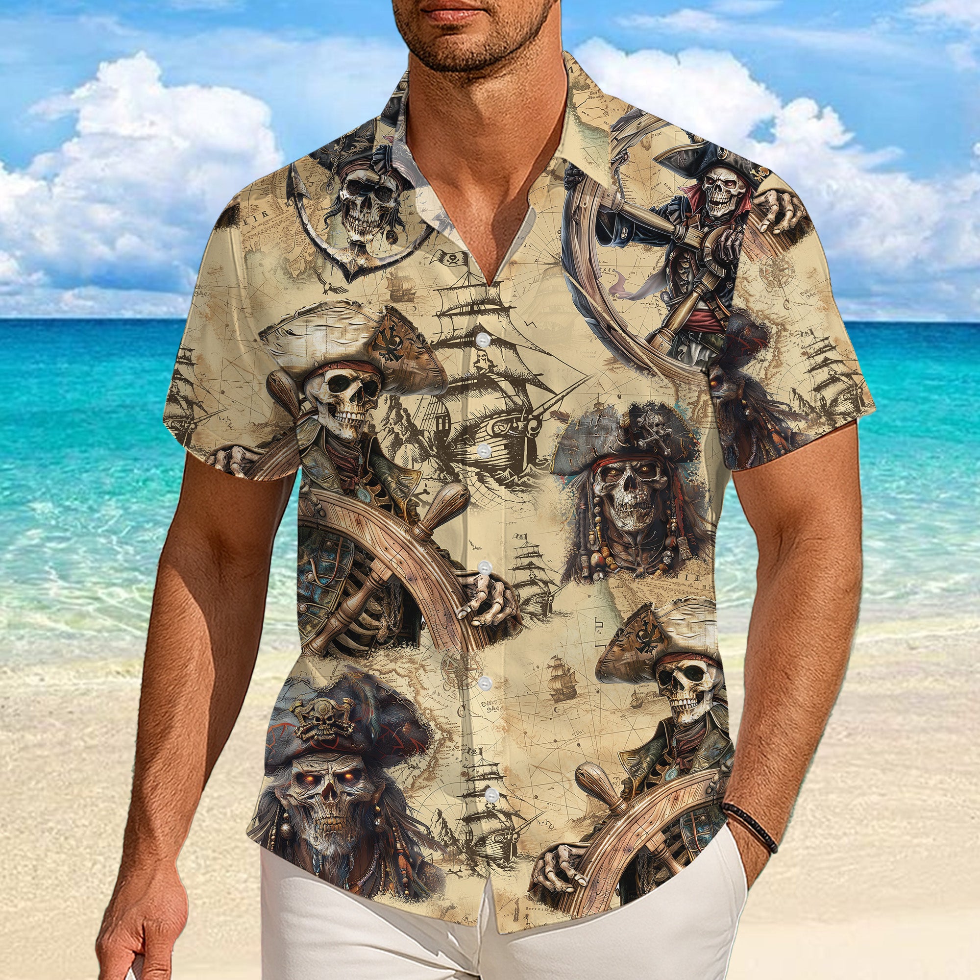 Pirates Hawaiian Shirt, Pirates of the Caribbean Button Up Shirt for Men, Tropical Short Sleeve Beach Vacation Summer Casual Shirt - 005
