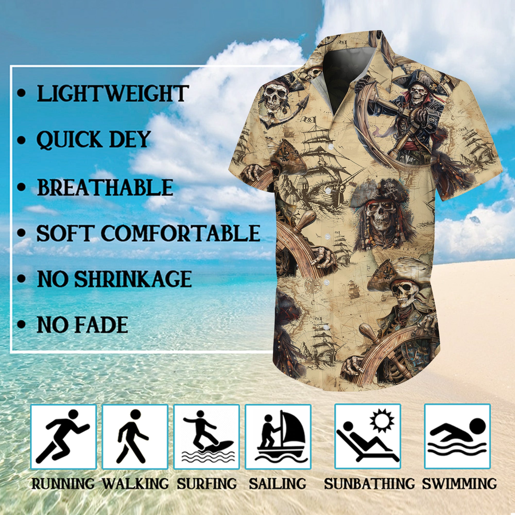 Pirates Hawaiian Shirt, Pirates of the Caribbean Button Up Shirt for Men, Tropical Short Sleeve Beach Vacation Summer Casual Shirt - 005