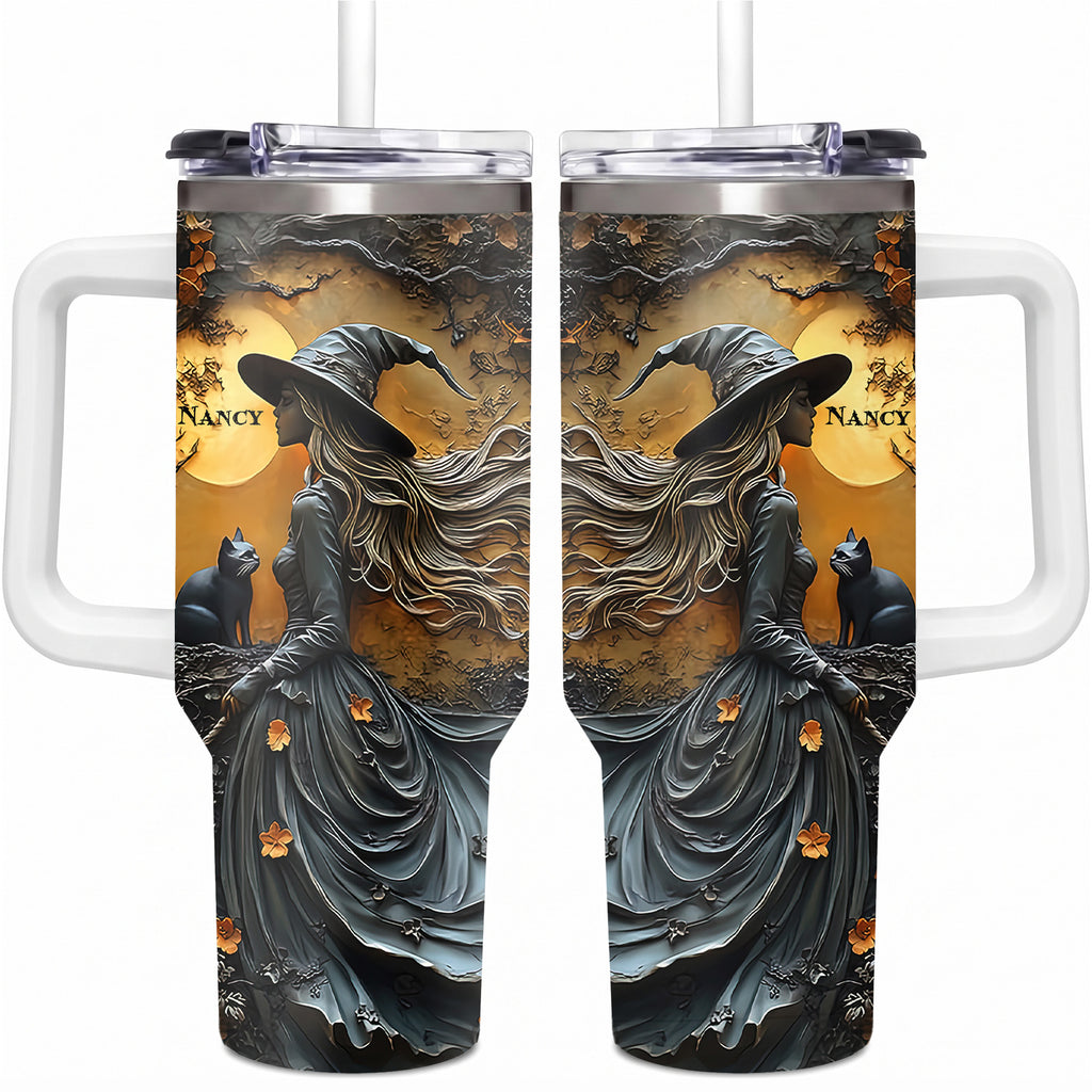Personalized 3D Witch Tumbler with Name, 40oz Custom Halloween Travel Cup with Handle, Autumn Leaves Gothic Spooky Season Gift