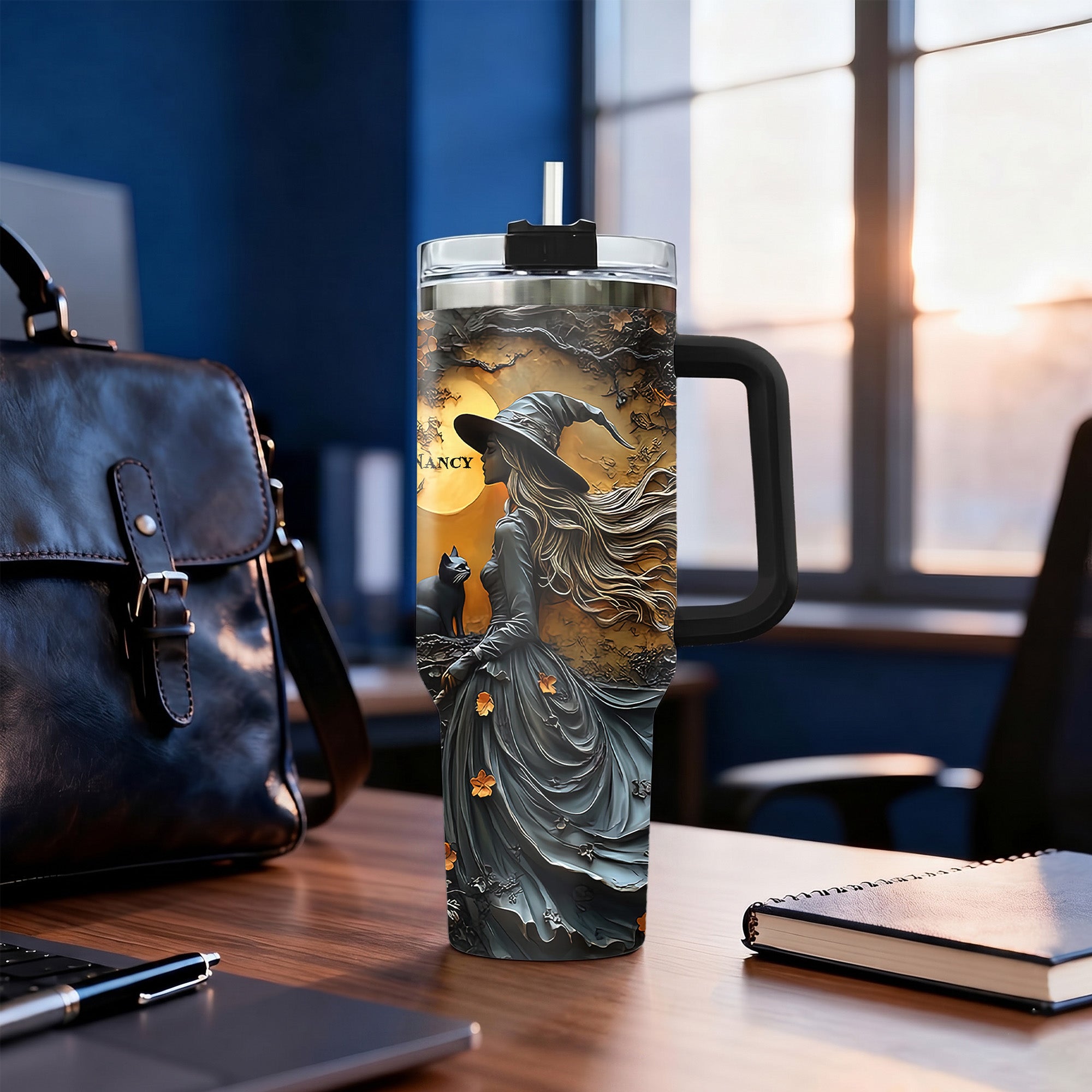 Personalized 3D Witch Tumbler with Name, 40oz Custom Halloween Travel Cup with Handle, Autumn Leaves Gothic Spooky Season Gift