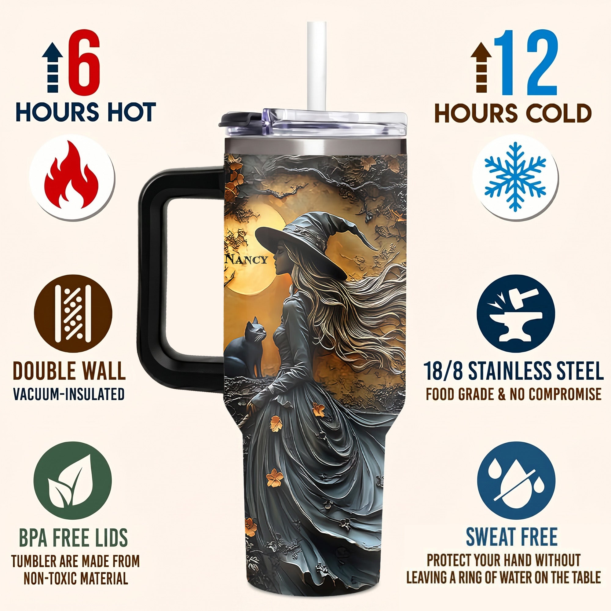 Personalized 3D Witch Tumbler with Name, 40oz Custom Halloween Travel Cup with Handle, Autumn Leaves Gothic Spooky Season Gift