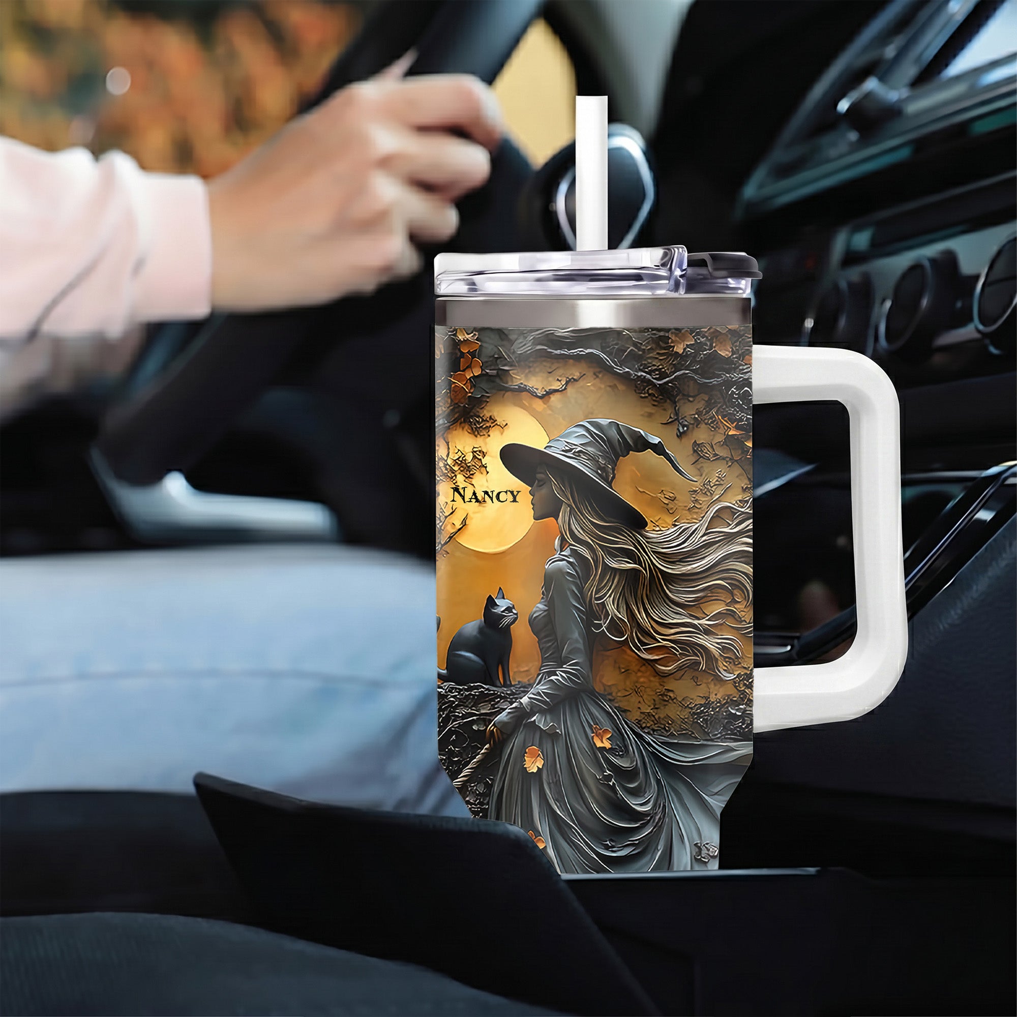 Personalized 3D Witch Tumbler with Name, 40oz Custom Halloween Travel Cup with Handle, Autumn Leaves Gothic Spooky Season Gift