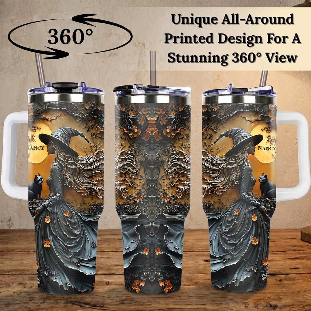 Personalized 3D Witch Tumbler with Name, 40oz Custom Halloween Travel Cup with Handle, Autumn Leaves Gothic Spooky Season Gift