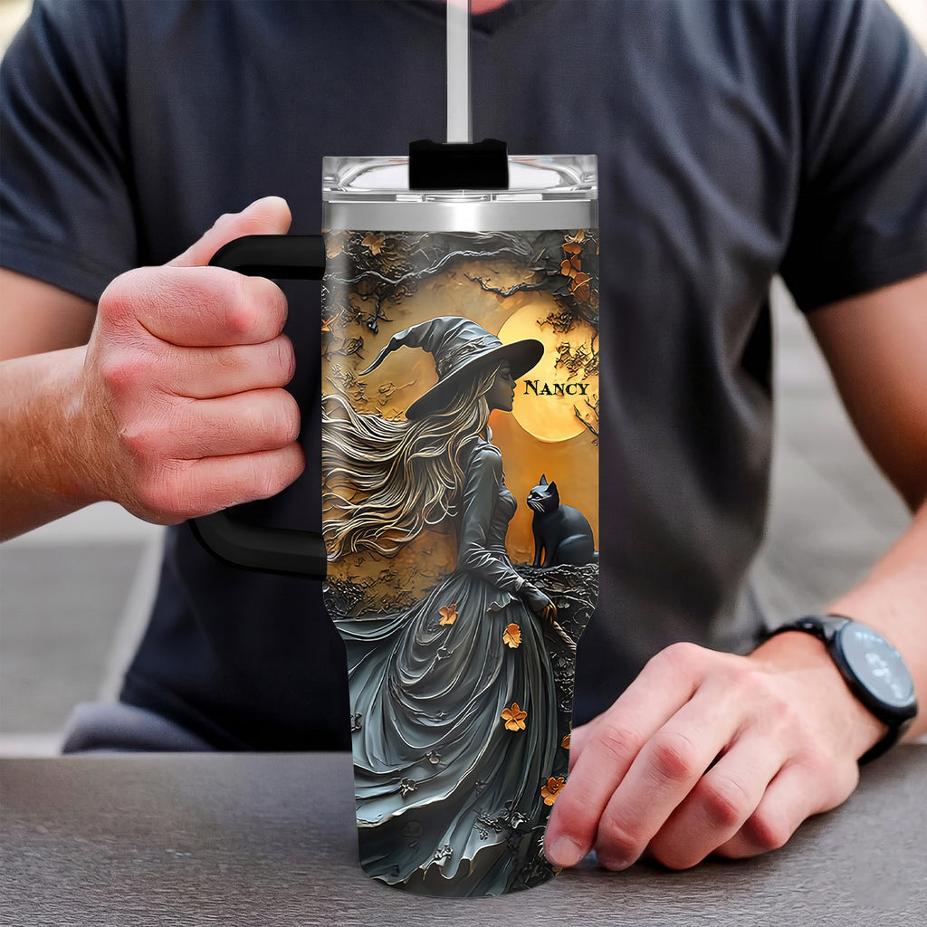 Personalized 3D Witch Tumbler with Name, 40oz Custom Halloween Travel Cup with Handle, Autumn Leaves Gothic Spooky Season Gift