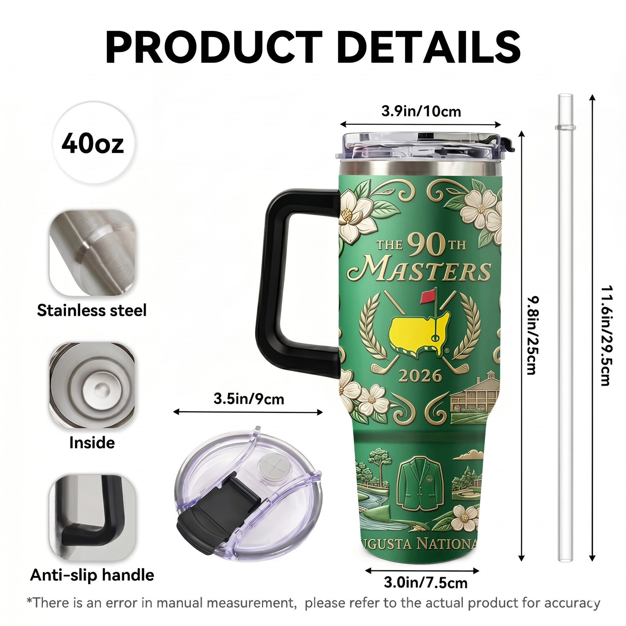 2026 Golf Tournament 40oz Tumbler with Handle, Green Jacket Augusta Map Insulated Cup, The 90th Masters Commemorative Gift for Golfers