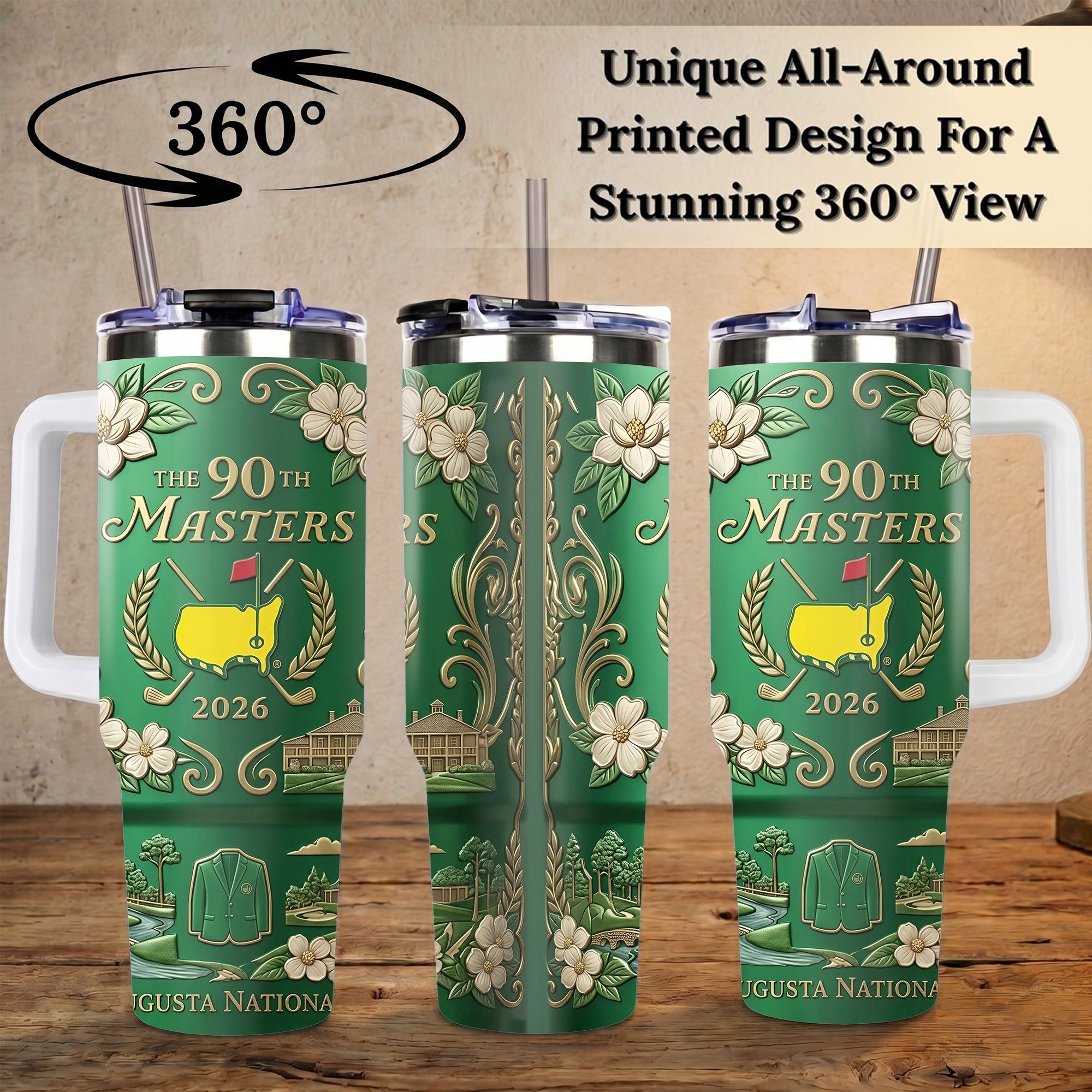 2026 Golf Tournament 40oz Tumbler with Handle, Green Jacket Augusta Map Insulated Cup, The 90th Masters Commemorative Gift for Golfers