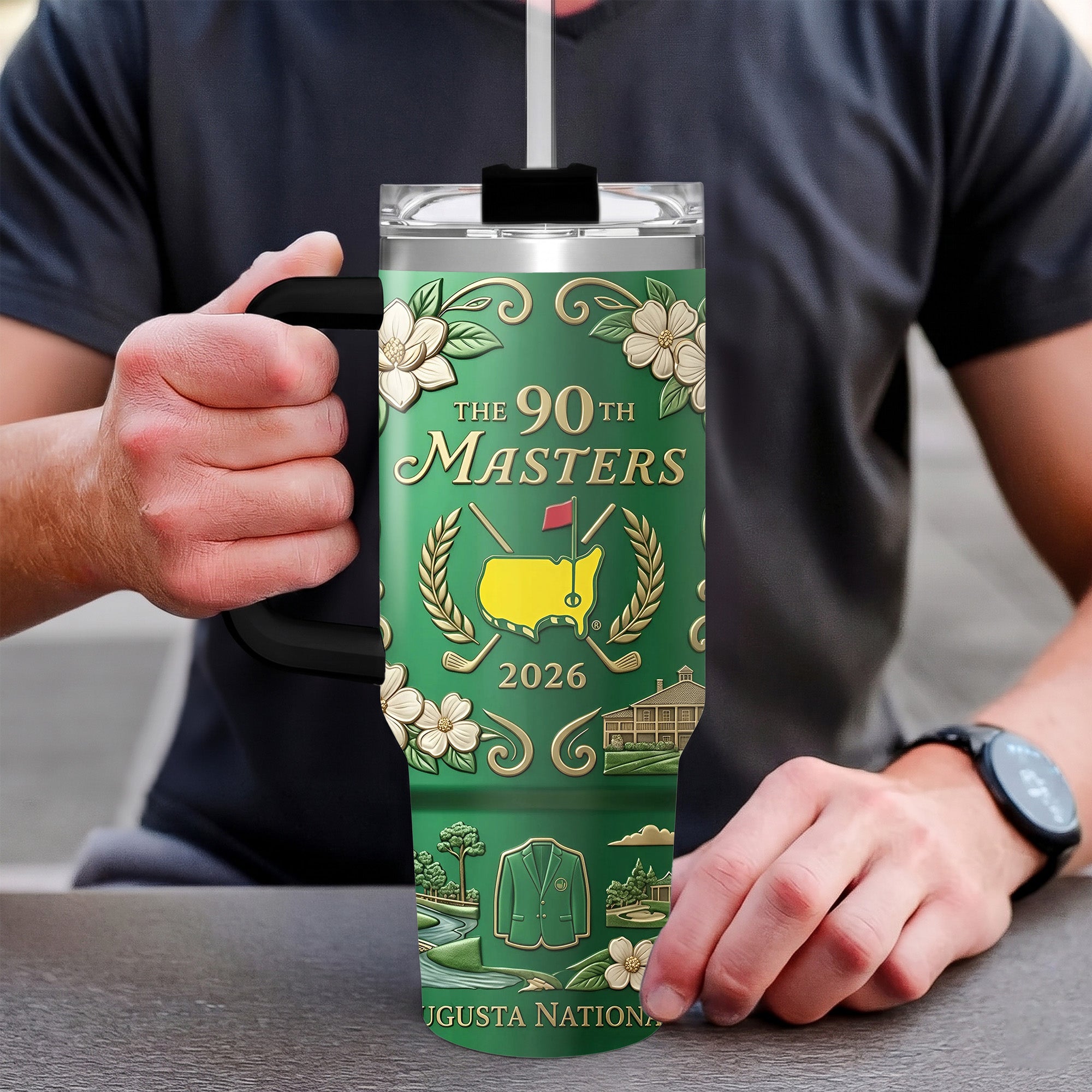 2026 Golf Tournament 40oz Tumbler with Handle, Green Jacket Augusta Map Insulated Cup, The 90th Masters Commemorative Gift for Golfers