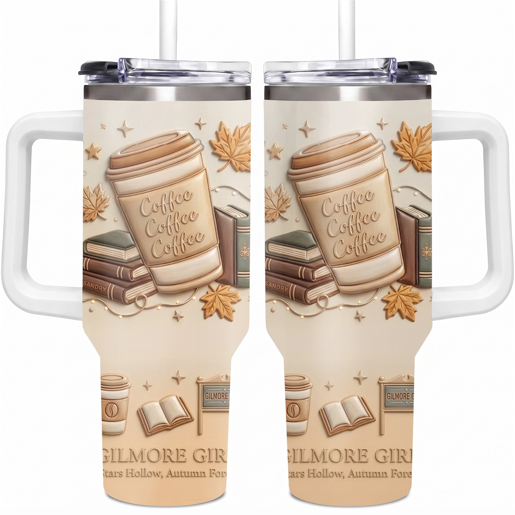 Stars Hollow Autumn Gilmore Girls Inspired 40oz Tumbler with Handle, Coffee Coffee Coffee 3D Embossed Fall Travel Cup