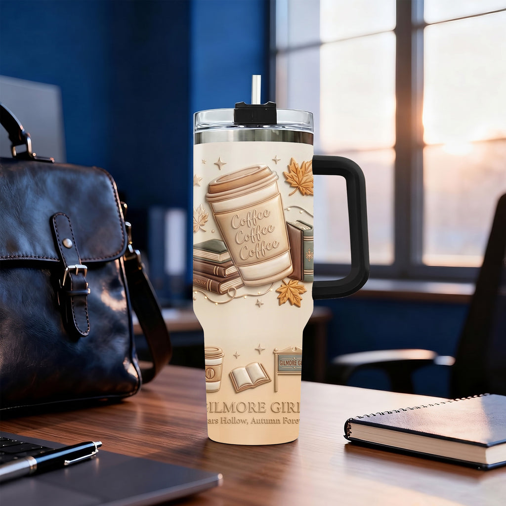 Stars Hollow Autumn Gilmore Girls Inspired 40oz Tumbler with Handle, Coffee Coffee Coffee 3D Embossed Fall Travel Cup