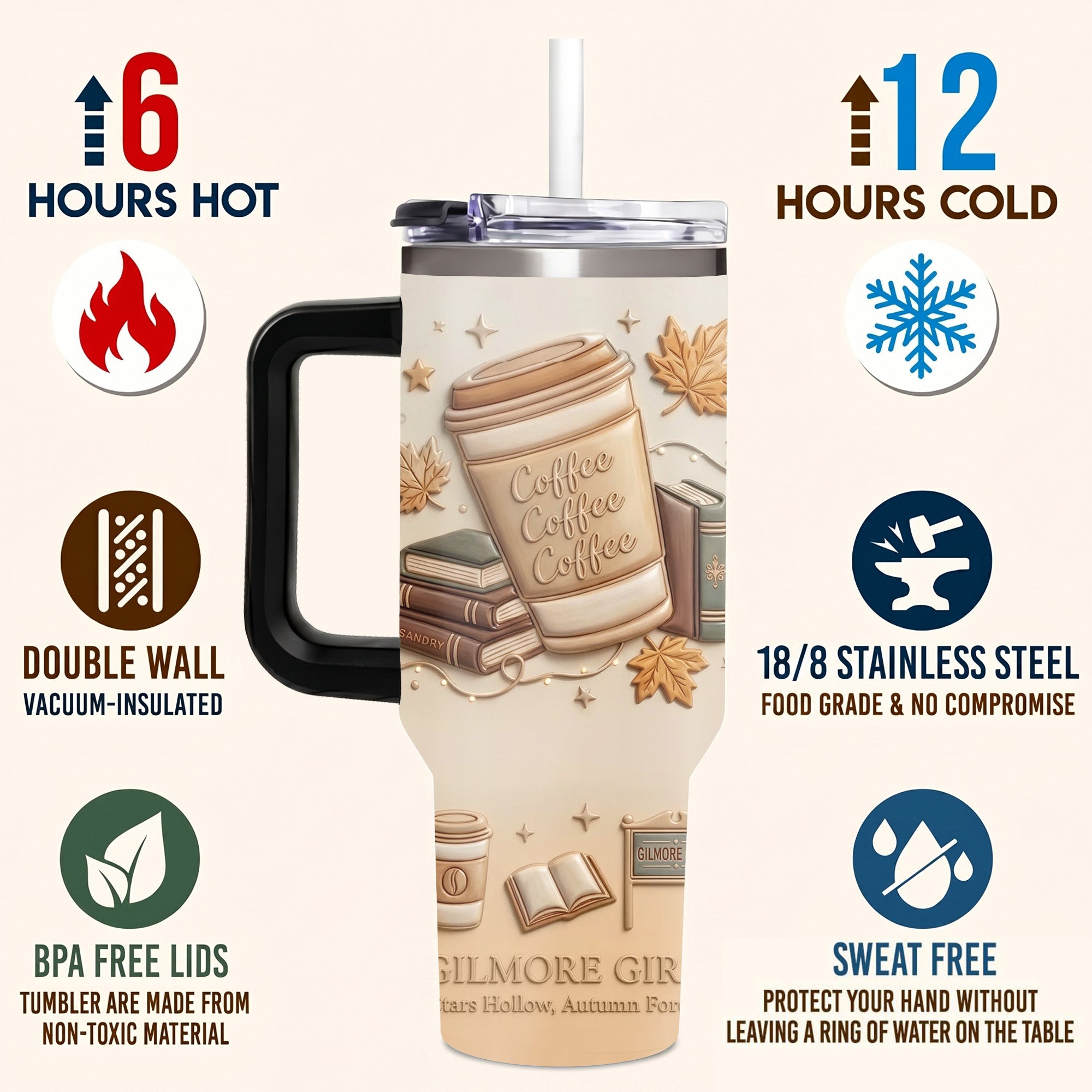 Stars Hollow Autumn Gilmore Girls Inspired 40oz Tumbler with Handle, Coffee Coffee Coffee 3D Embossed Fall Travel Cup